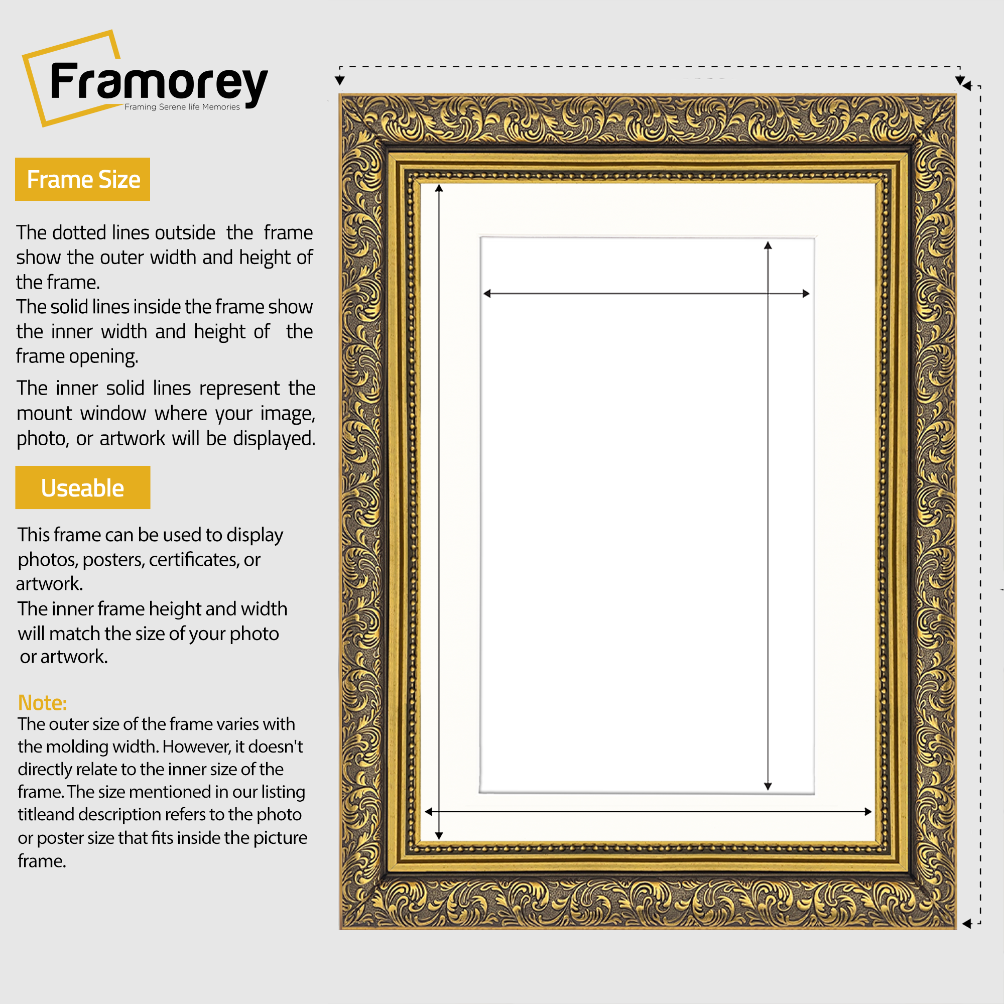 Gold Picture Frame Ornate Photo Frame Traditional Dahlia With White Mount