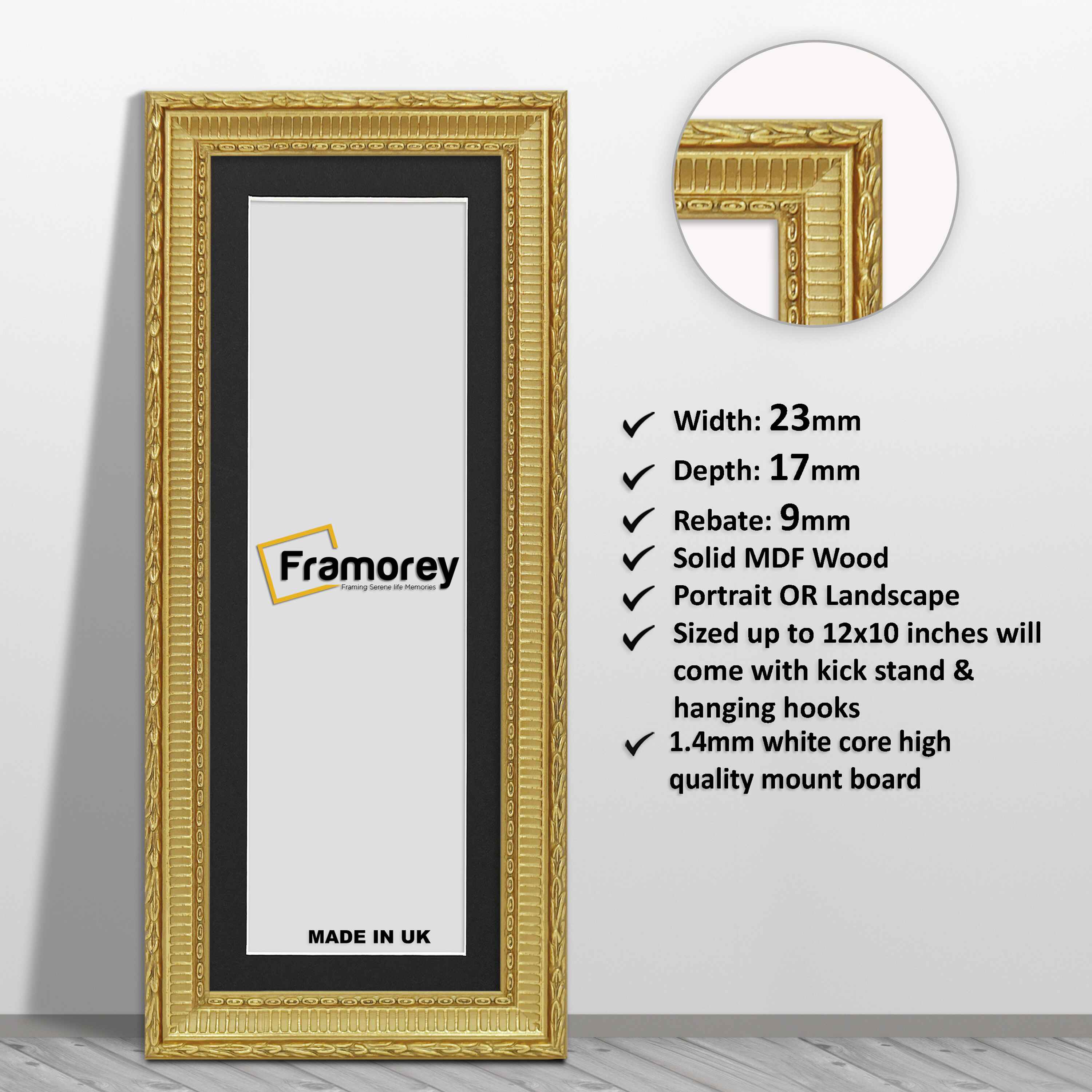 Panoramic Size Gold Picture Frame Mini Ornate Wall Frames With Black Mount