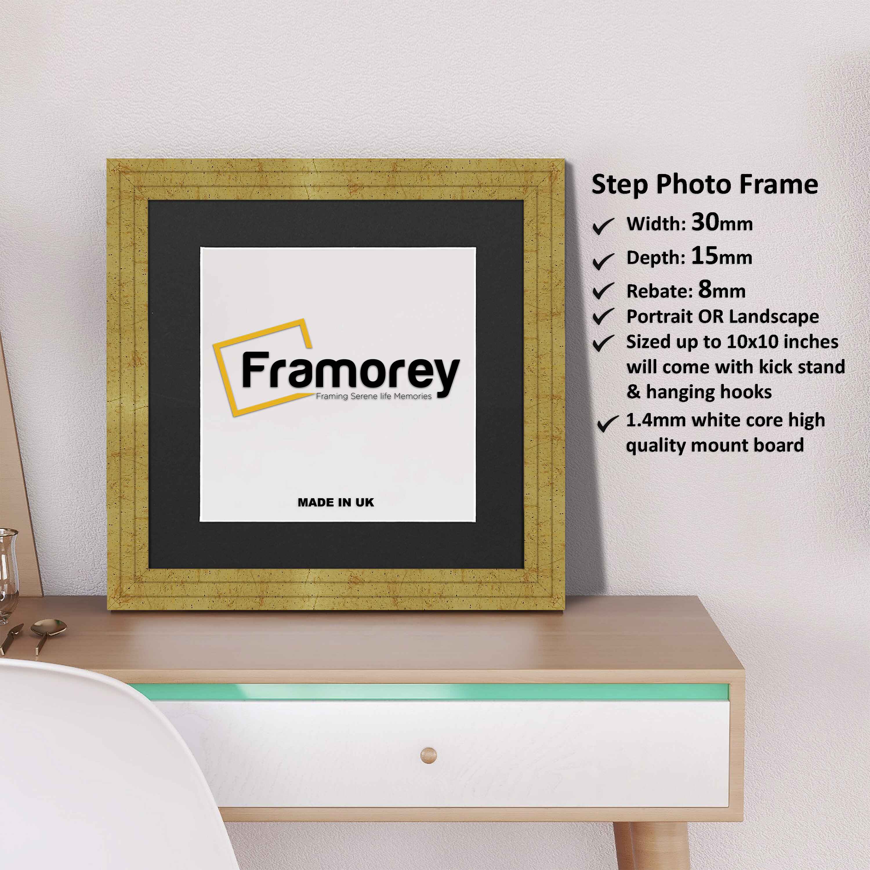 Step Style Square Size Gold Picture Frame With Black Mount