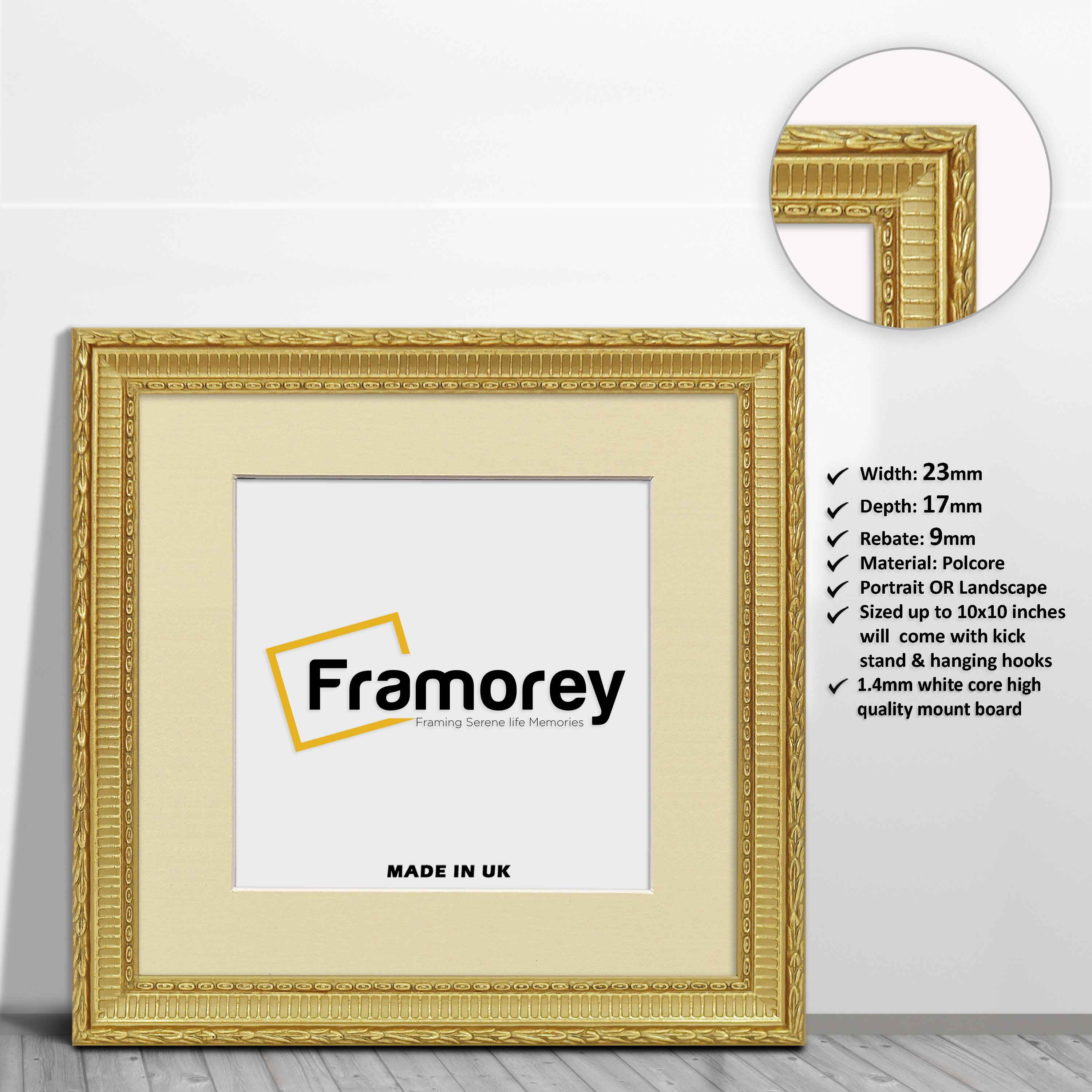 Square Size Gold Picture Frame Mini Ornate Photo Frame With Ivory Mount