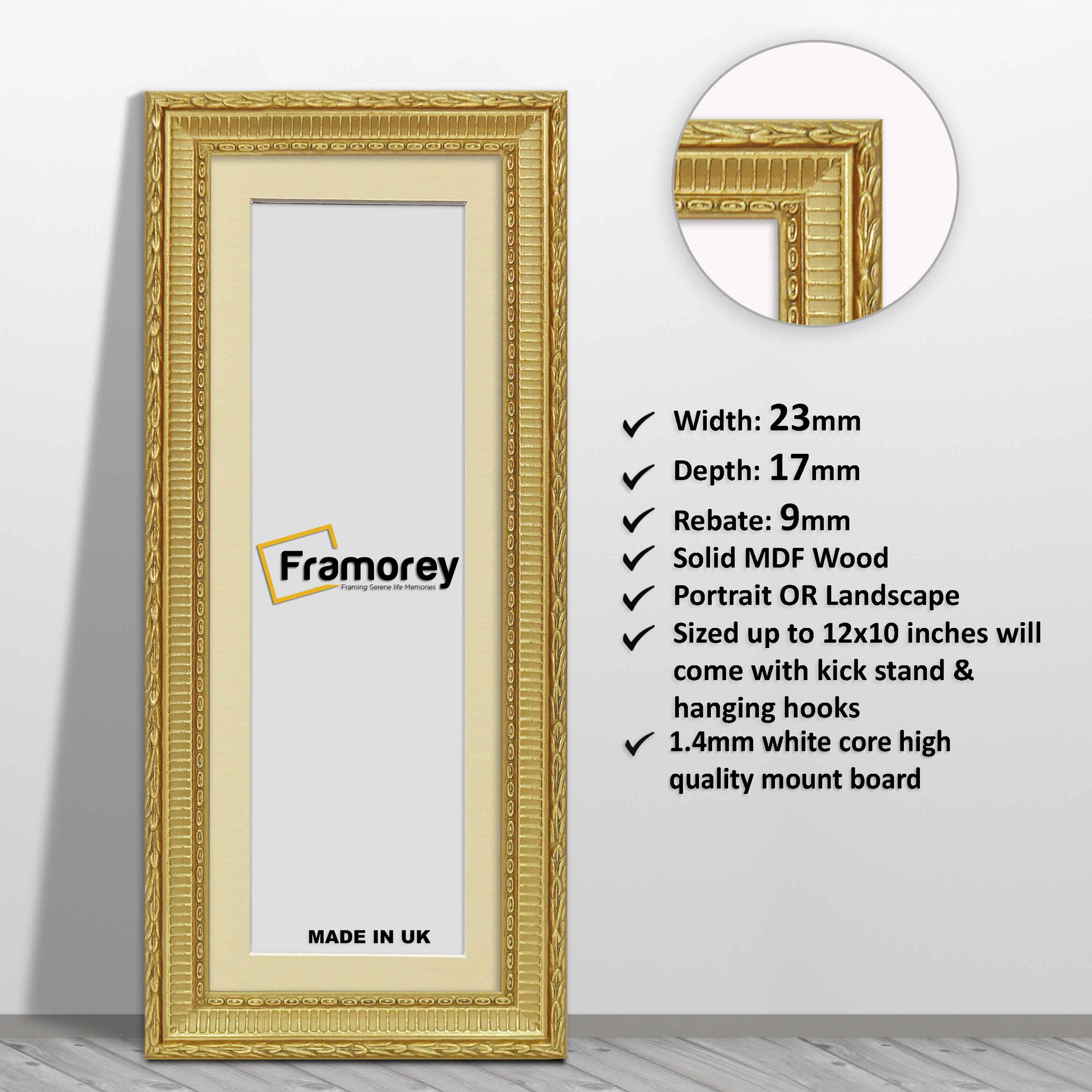 Panoramic Size Gold Picture Frame Mini Ornate Wall Frames With Ivory Mount