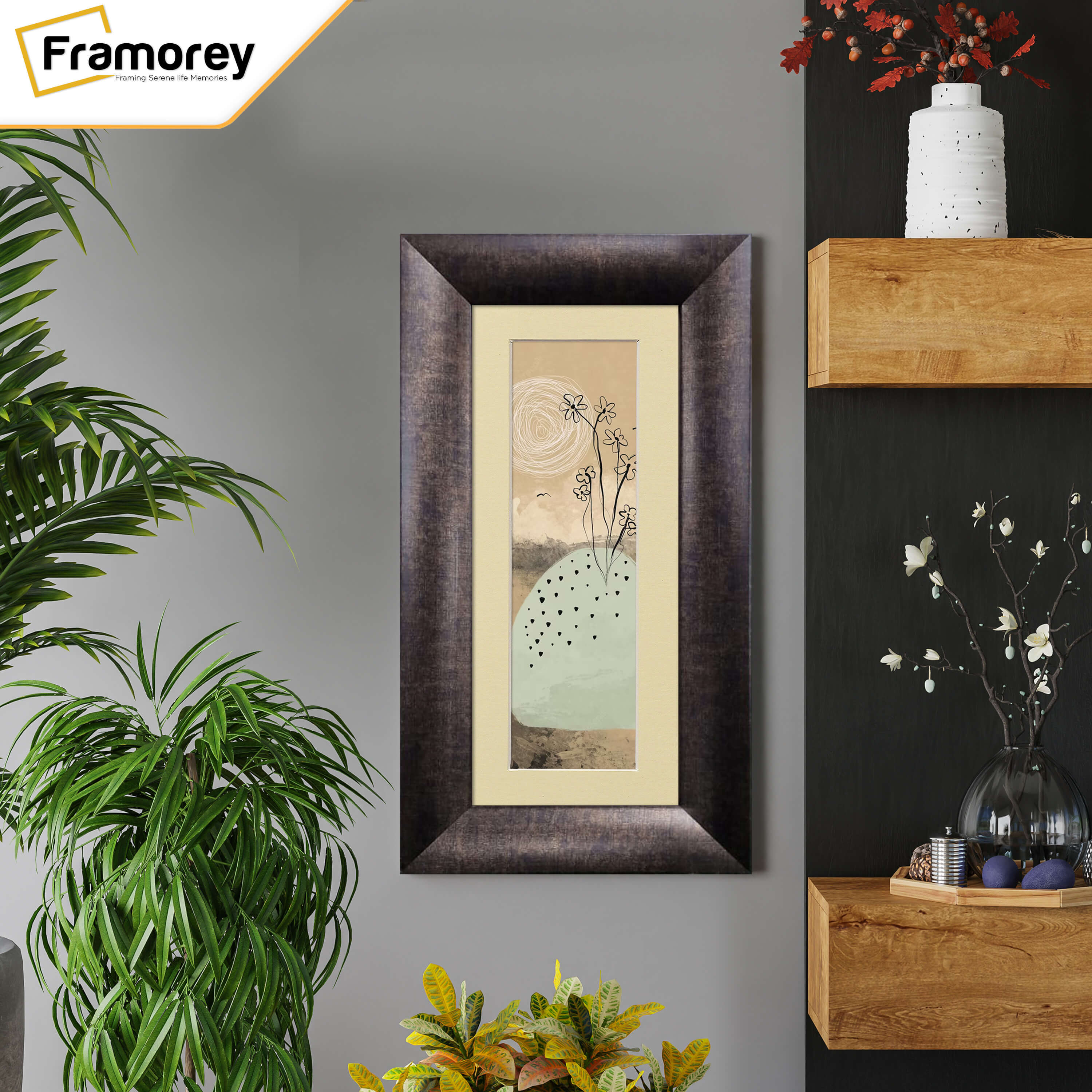Panoramic Size Brushed Gold Engraved Frames Handmade Poster Frames With Ivory Mount