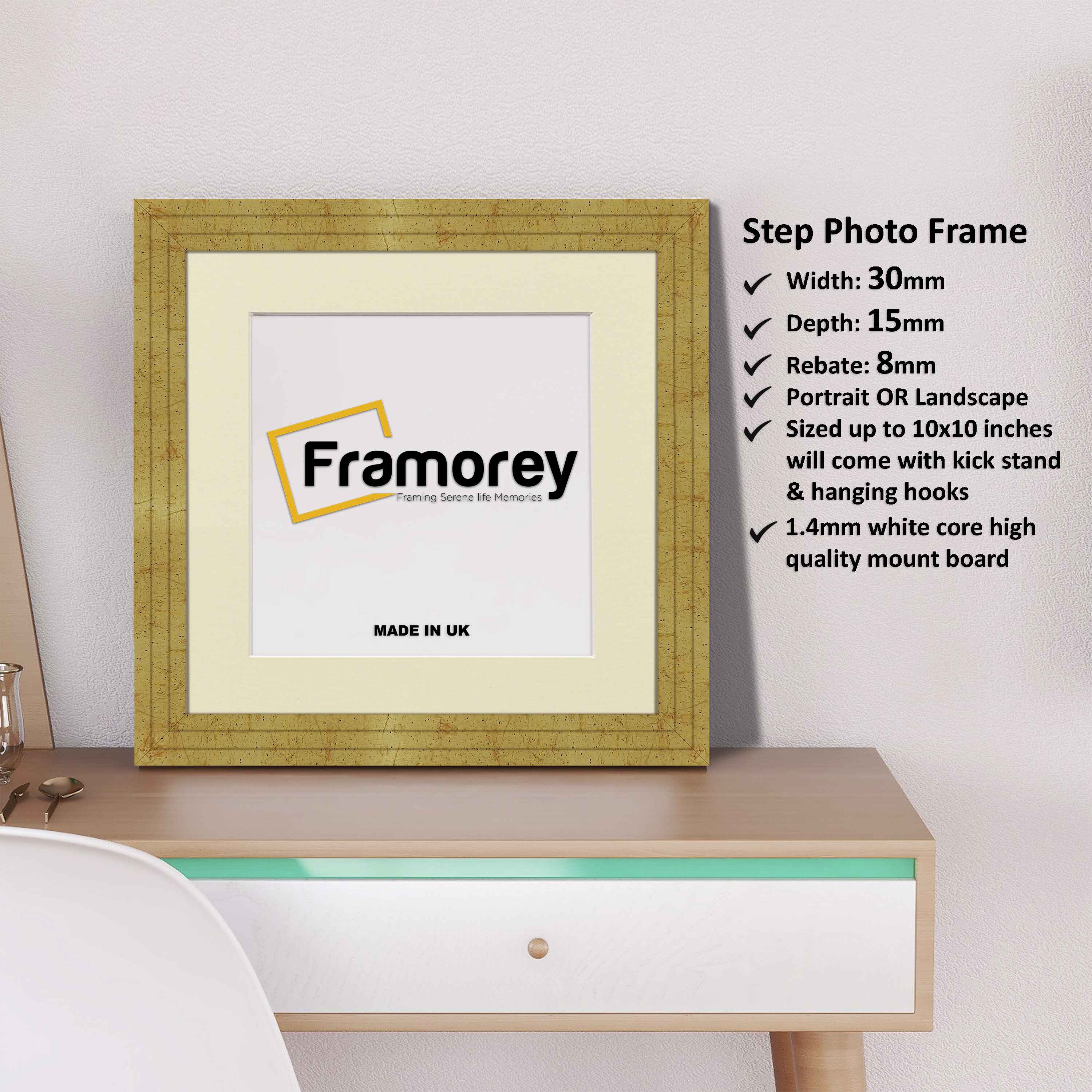 Step Style Square Size Gold Picture Frame With Ivory Mount