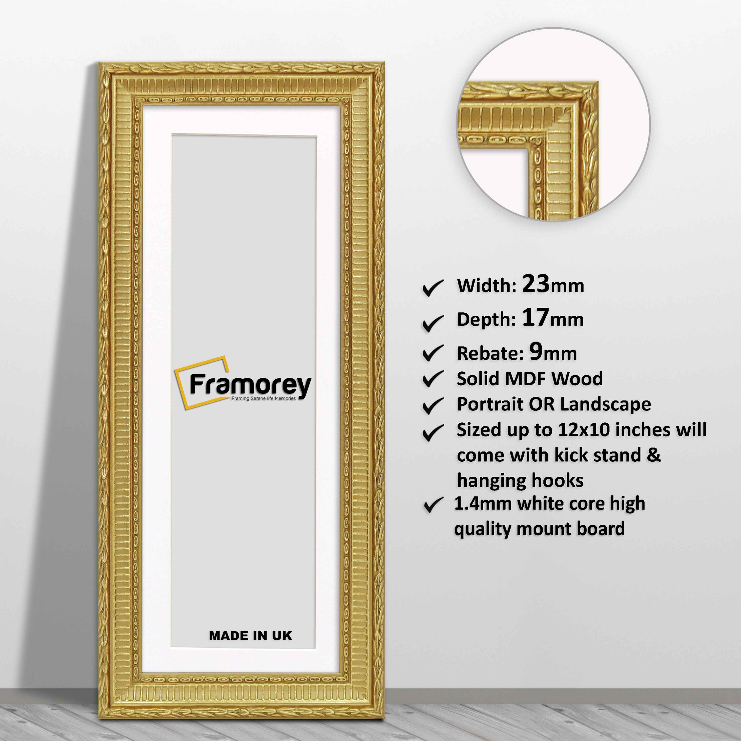 Panoramic Size Gold Picture Frame Mini Ornate Wall Frames With White Mount