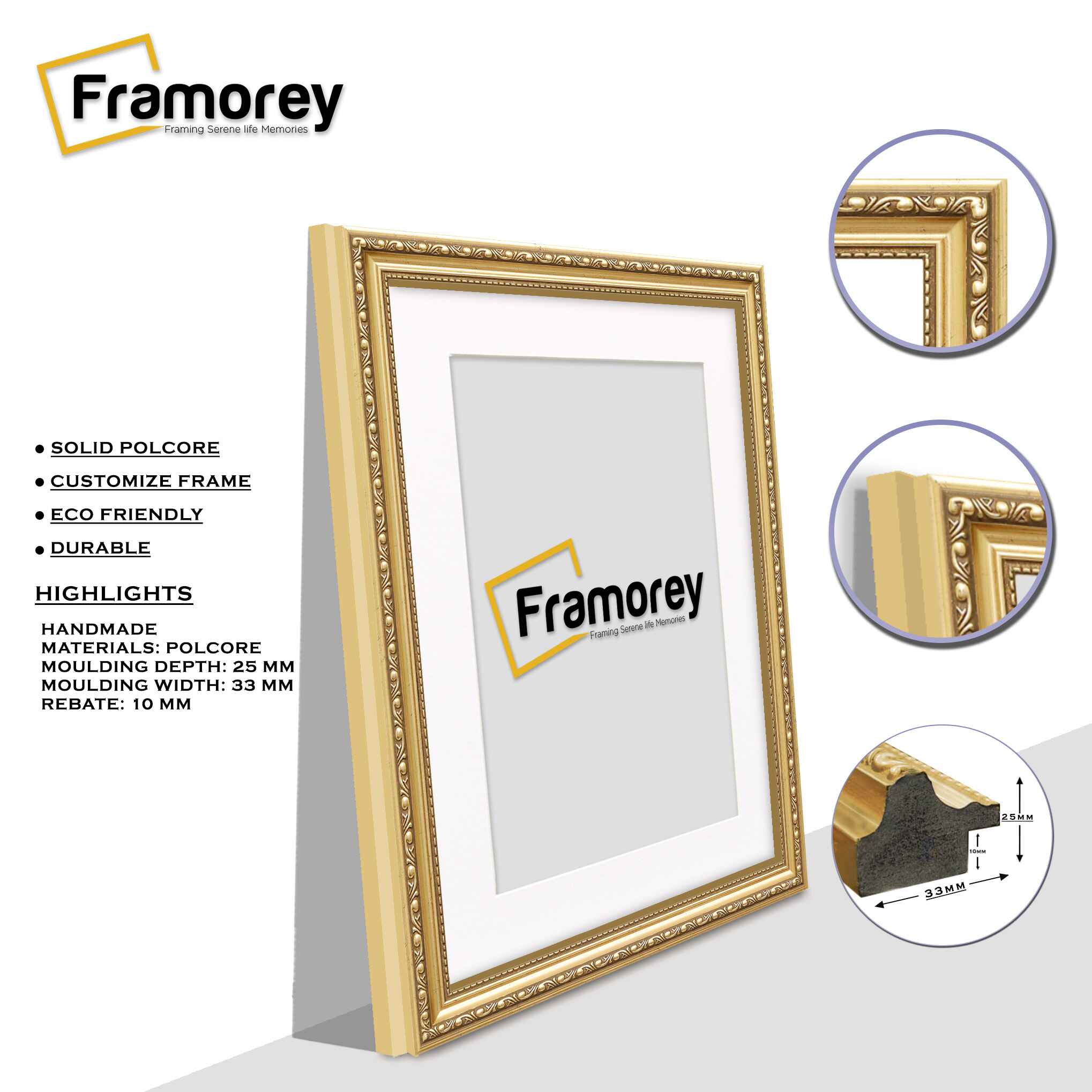 Gold Shabby Ornate Picture Frame Wall Art Photo Frames With White Mount