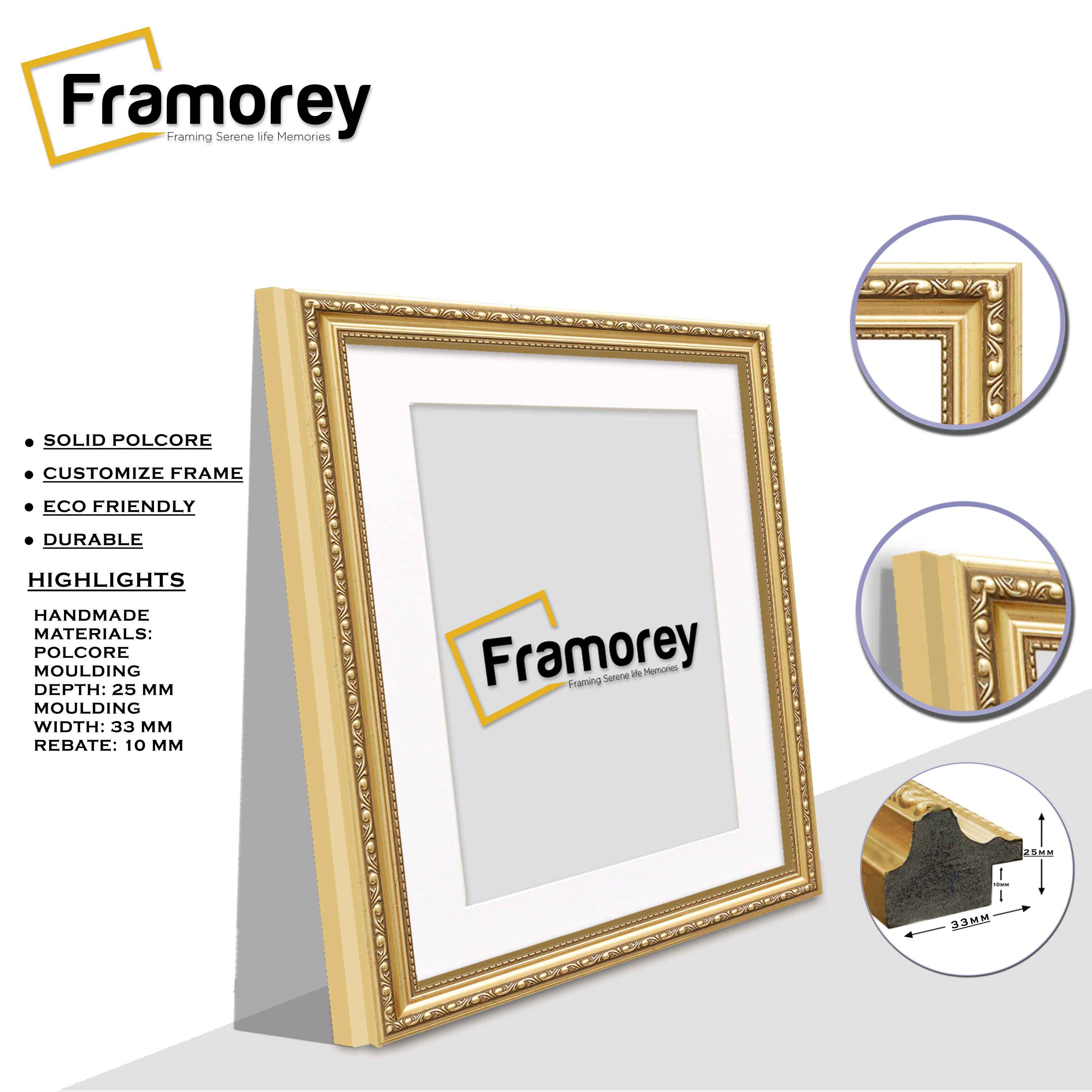 Square Size Gold Shabby Picture Frame With White Mount