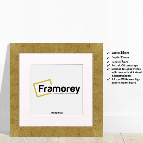 Square Gold Picture Frames Handmade Wooden Photo Frames With White Mount