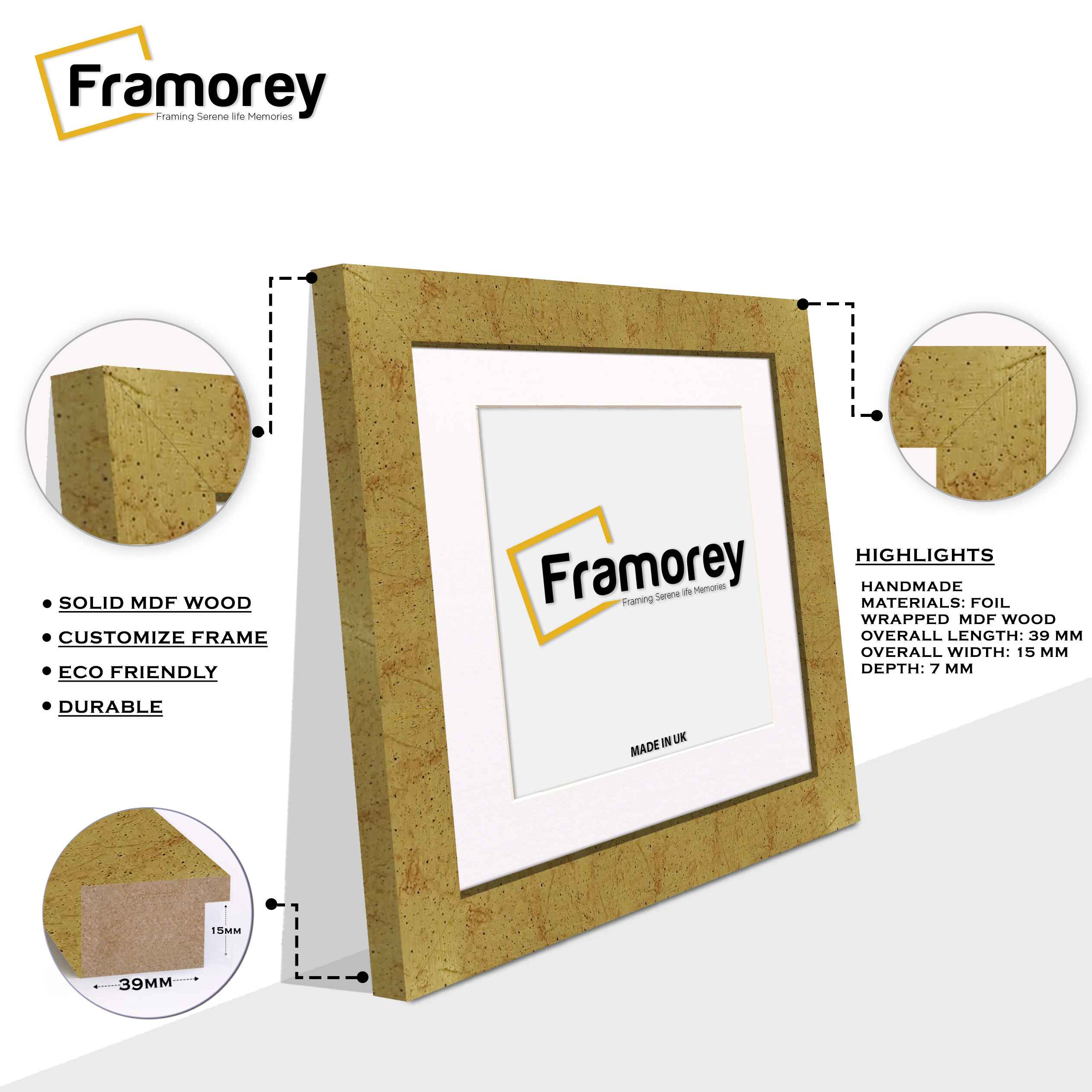 Square Size Gold Picture Frames Handmade Wooden Photo Frames With White Mount