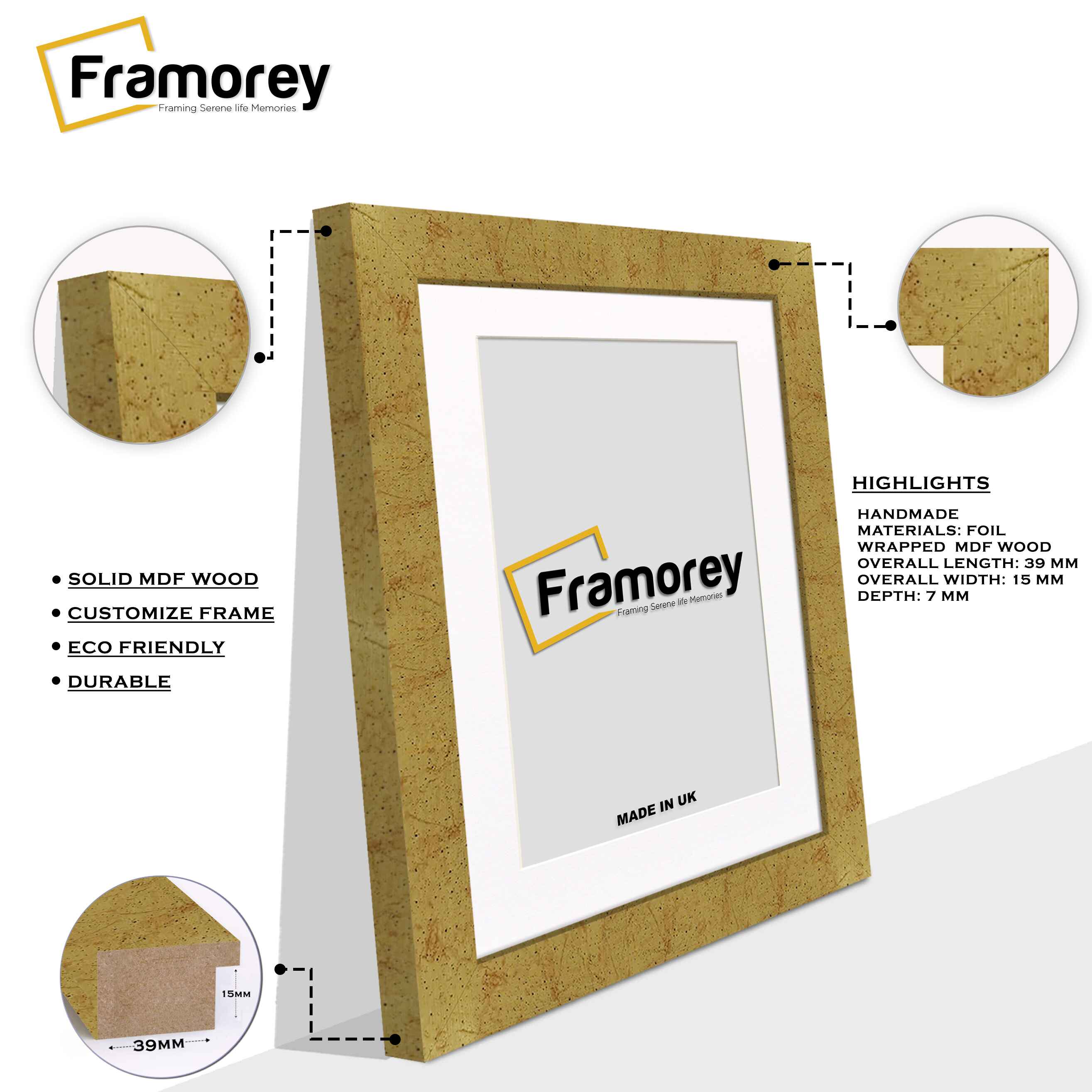 Gold Picture Photo Frames Handmade Wooden Effect Poster Frames With White Mount