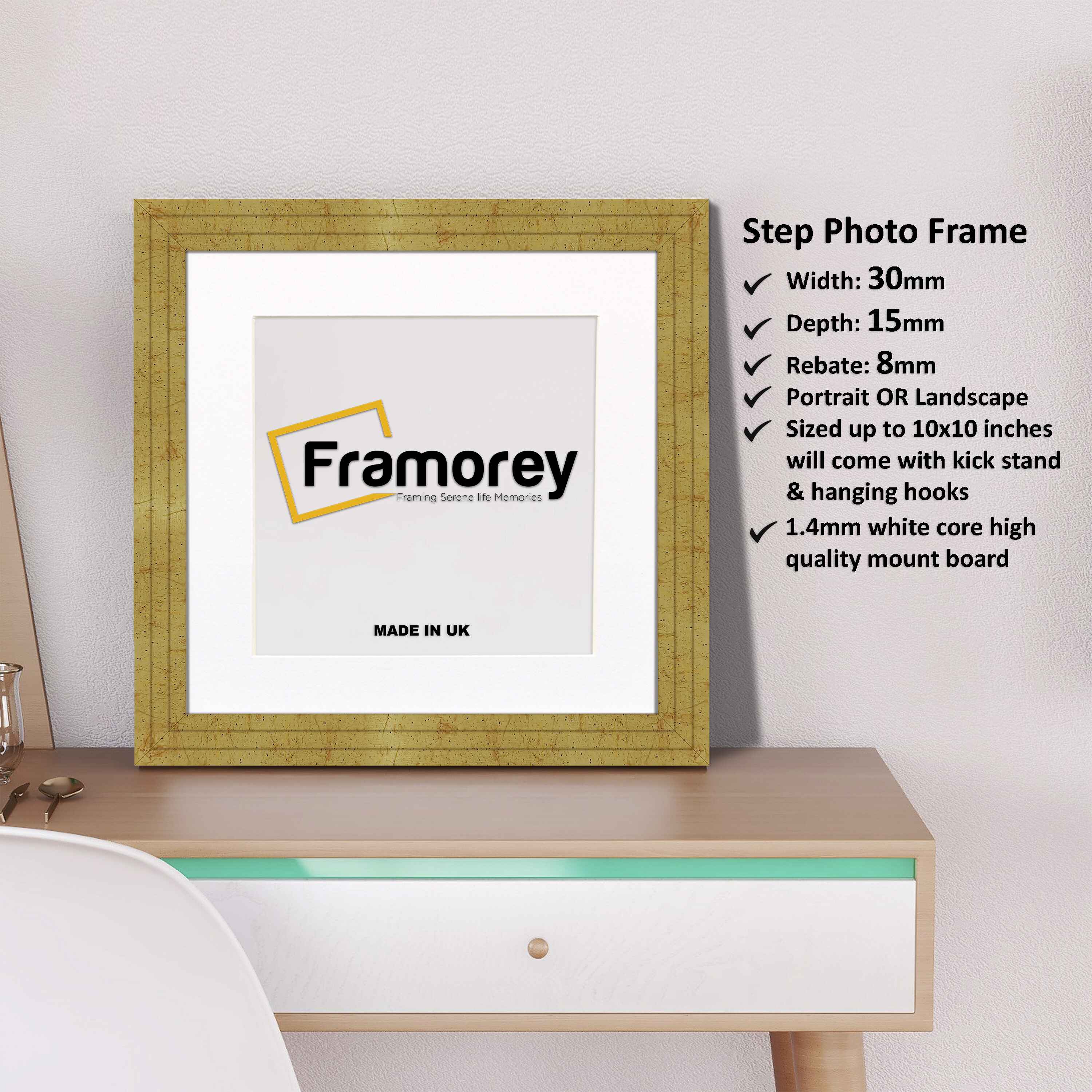 Step Style Square Size Gold Picture Frame With White Mount