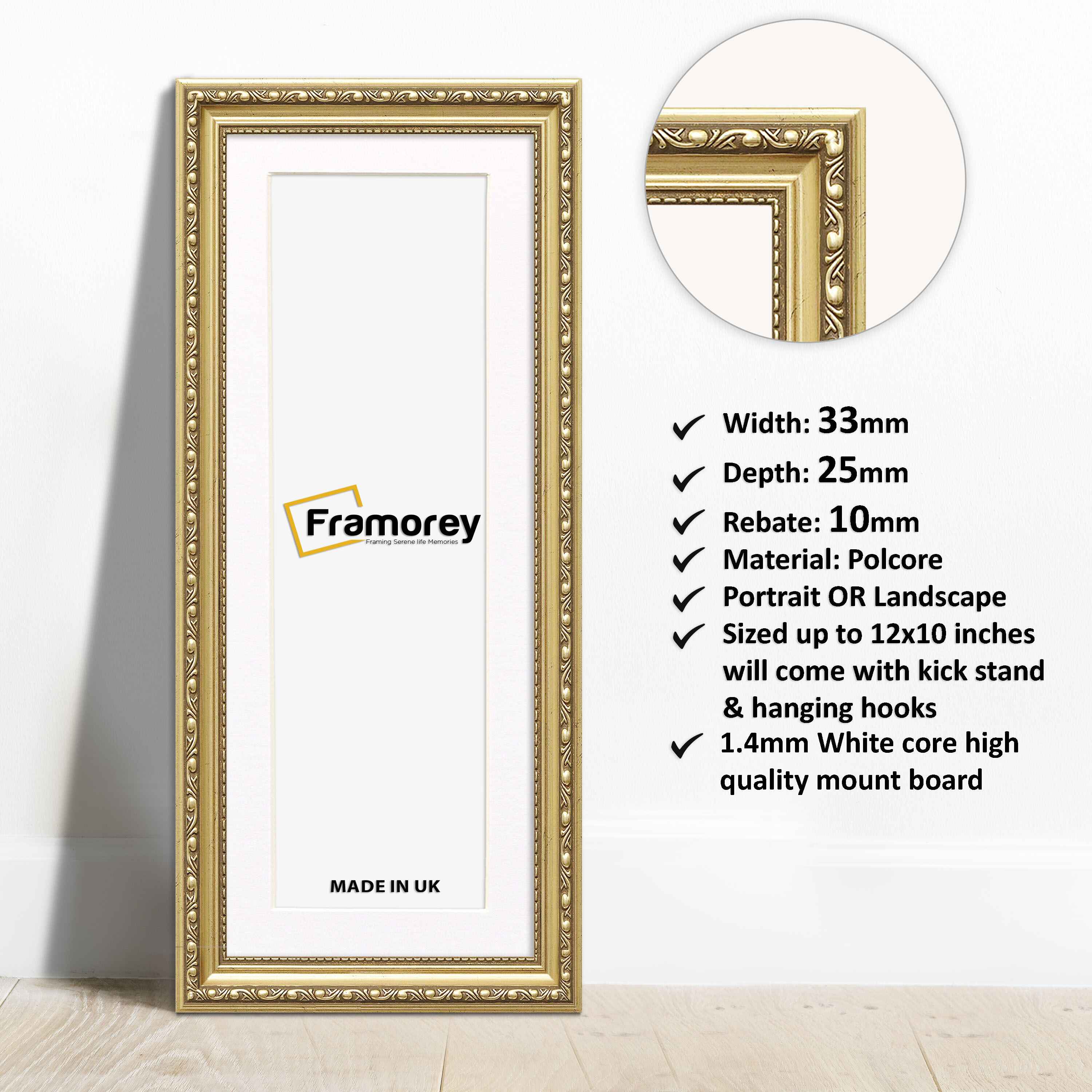 Panoramic Size Gold Picture Frame Shabby Wall Frames With White Mount