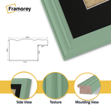 Green picture frame with black mount, close view profile showing moulding depth and edge detail for wall art or photo display
