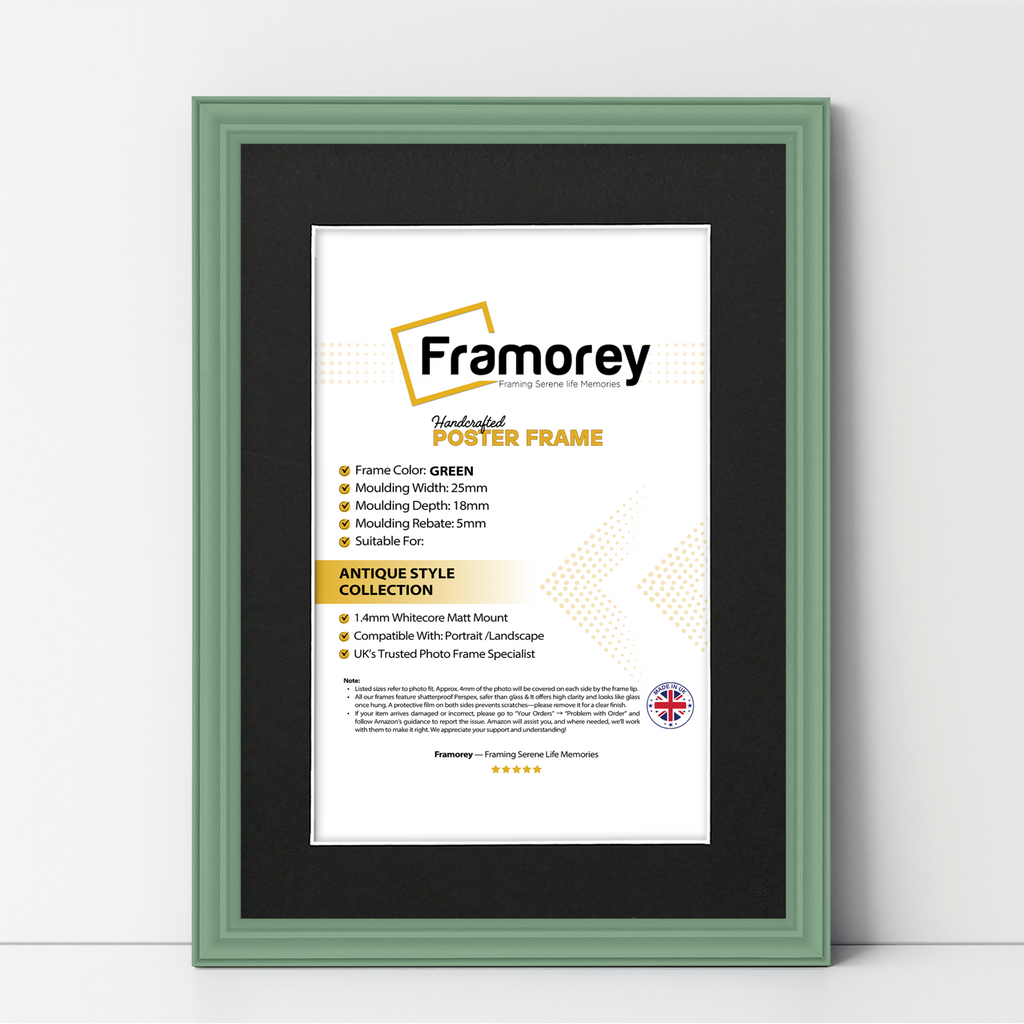 Green antique-style poster frame with black mount, Framorey handmade picture frame for wall display
