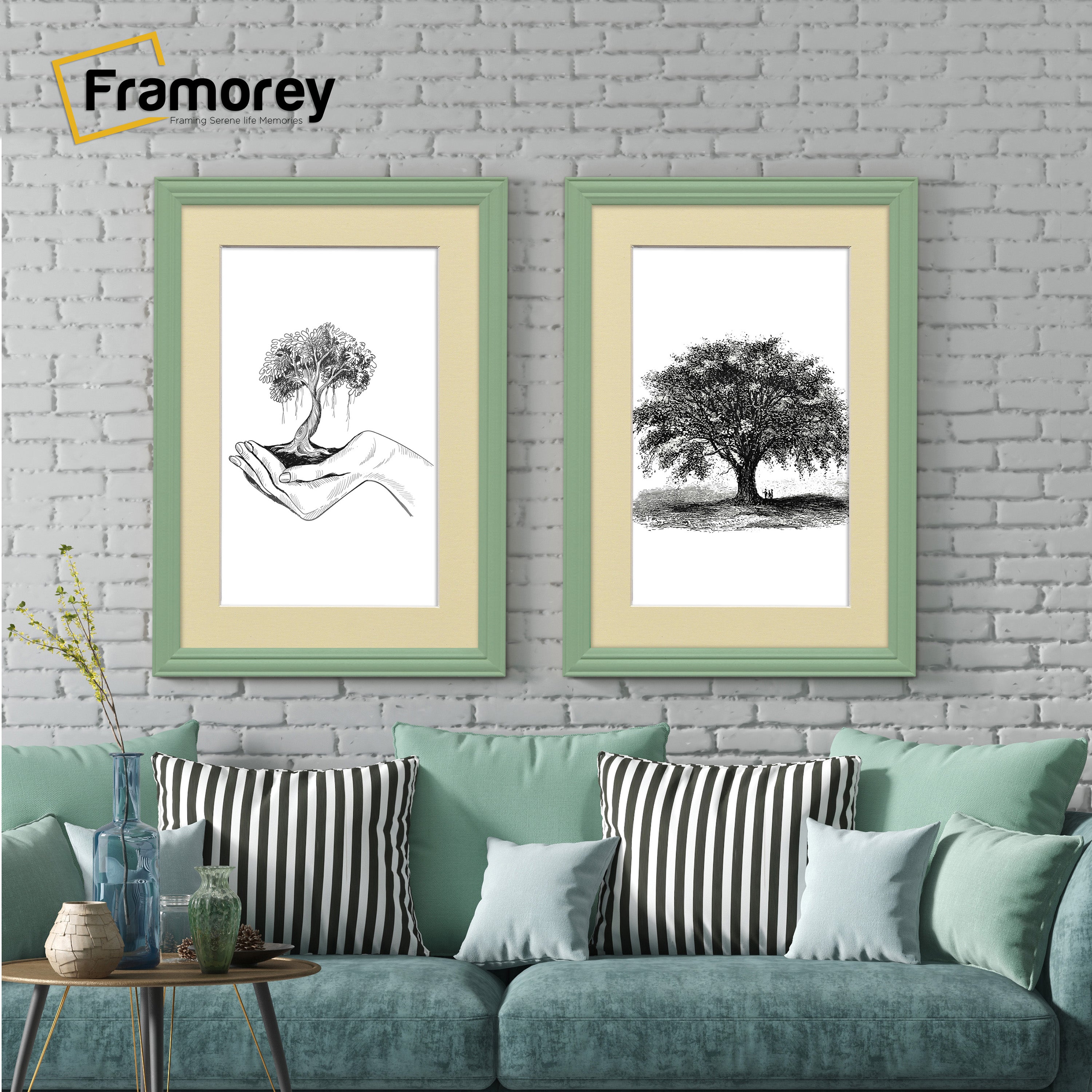 Antique Style Green Picture Frames Wall Art Photo Frame With Ivory Mount