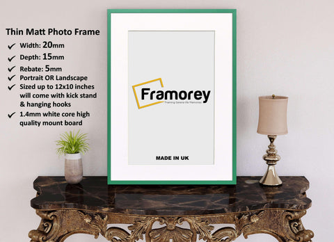 Thin Green Photo Frame With White Mount Flat Wooden Effect Picture Frame Maxi Art Poster Frames - FRAMOREY