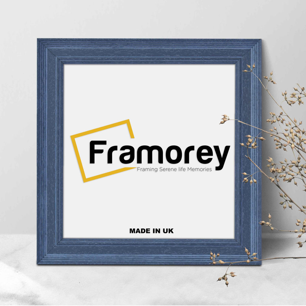Square Grey Wooden picture frame shown from front view on a plain white surface standing with a wall