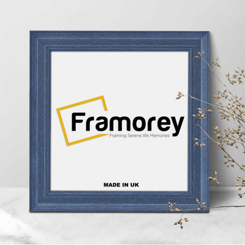 Square Grey Wooden picture frame shown from front view on a plain white surface standing with a wall