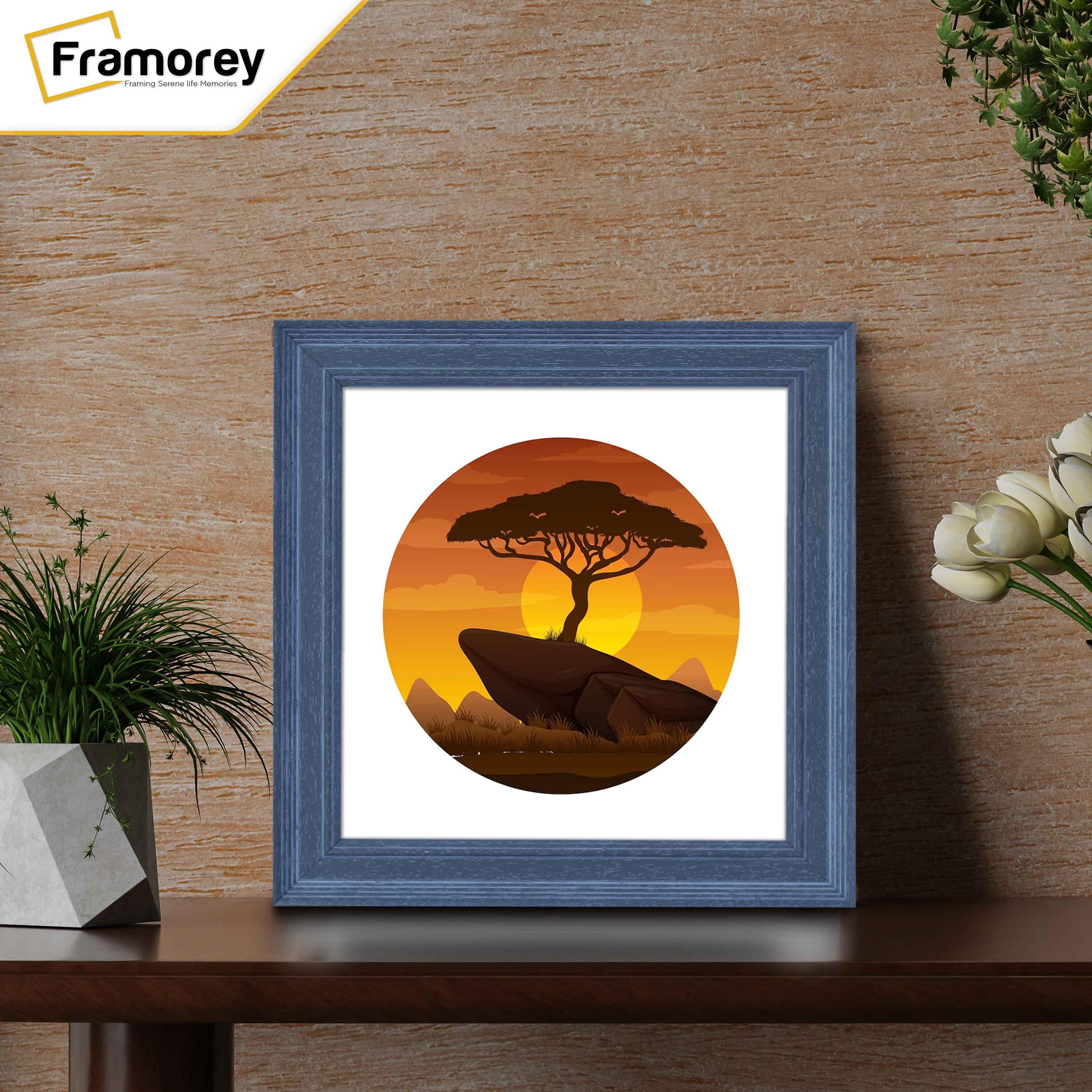 Grey Square Wooden Picture Frame placed on wooden table