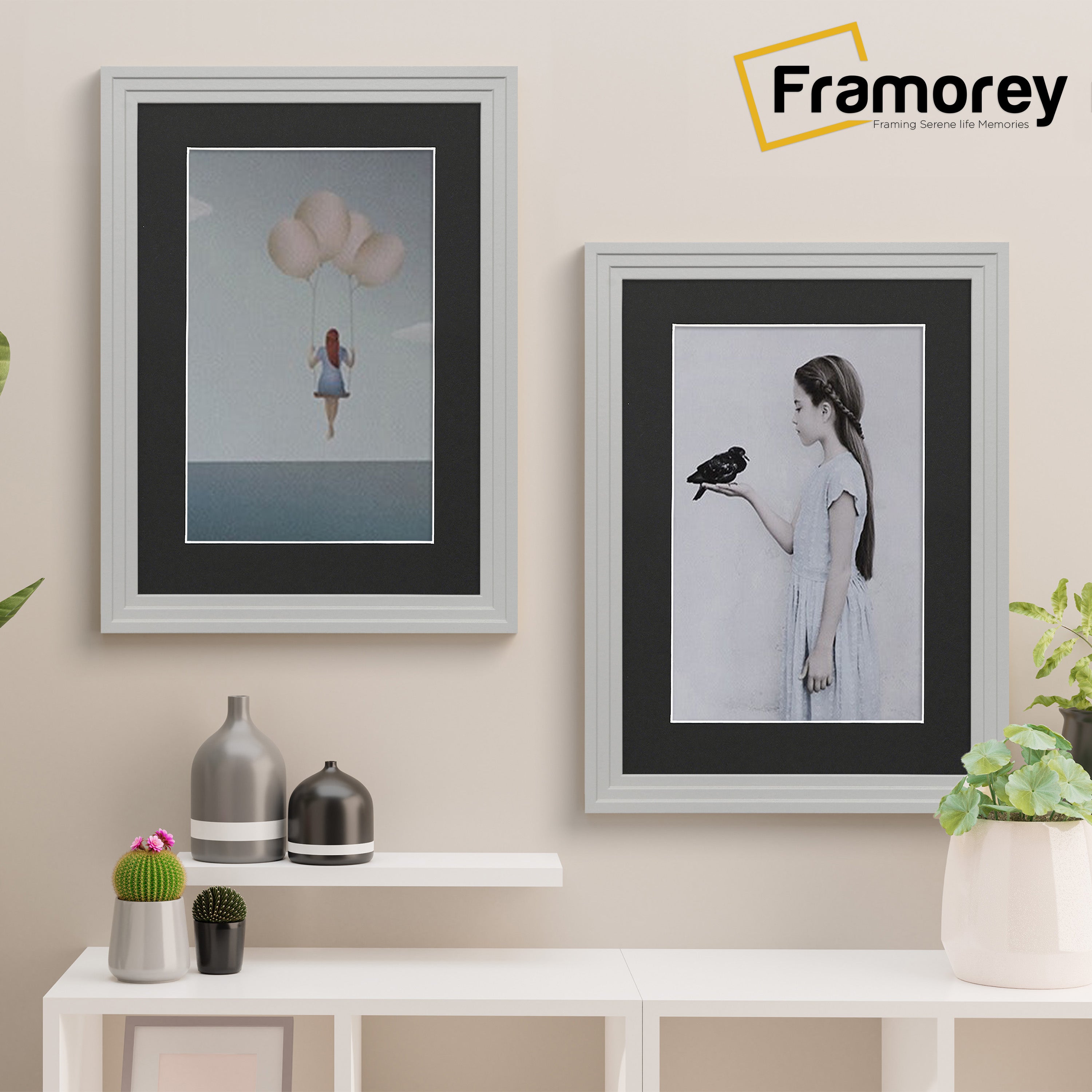 Grey With Black Mount Picture Frame is hanging on a wall just over the Table