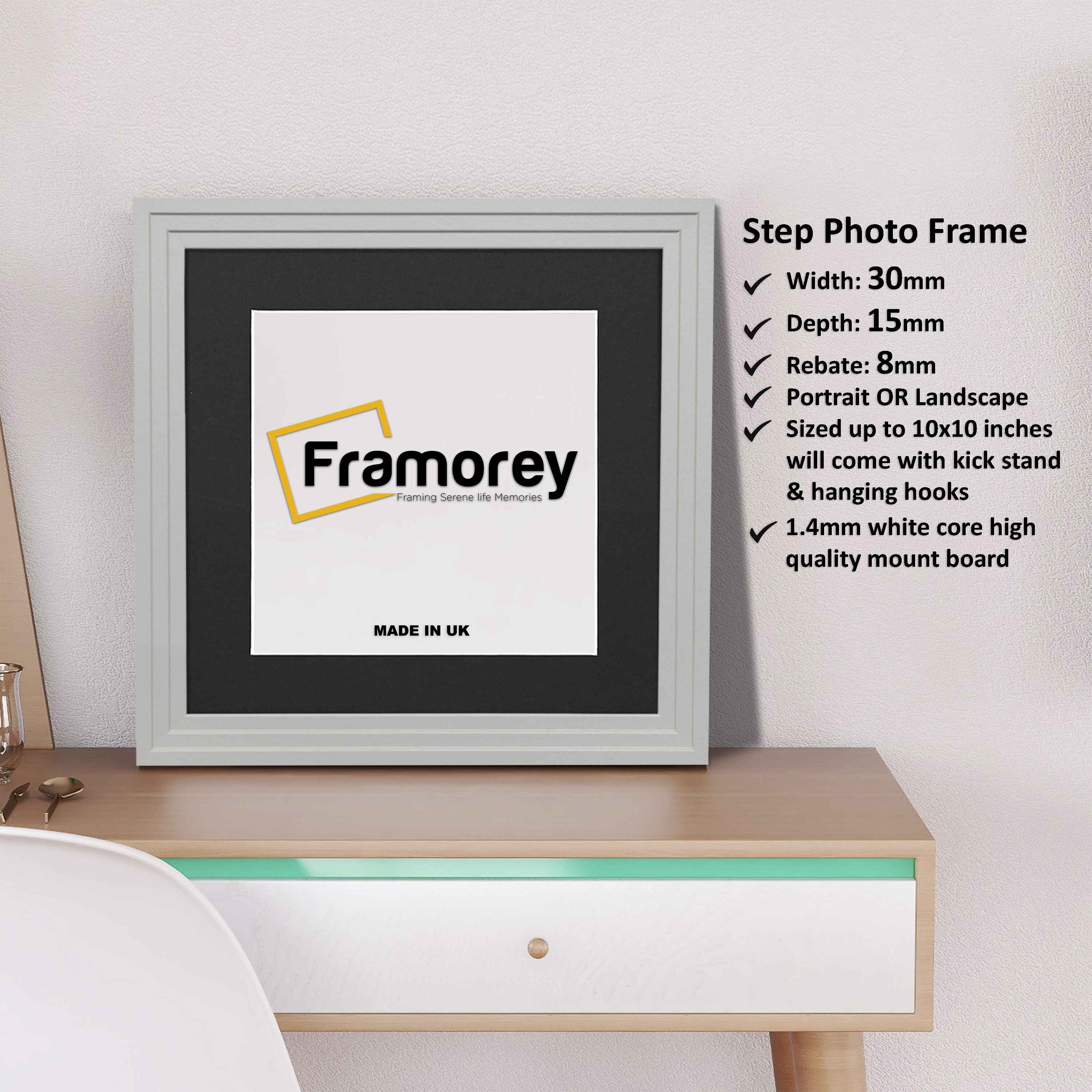 Step Style Square Size Grey Picture Frame With Black Mount