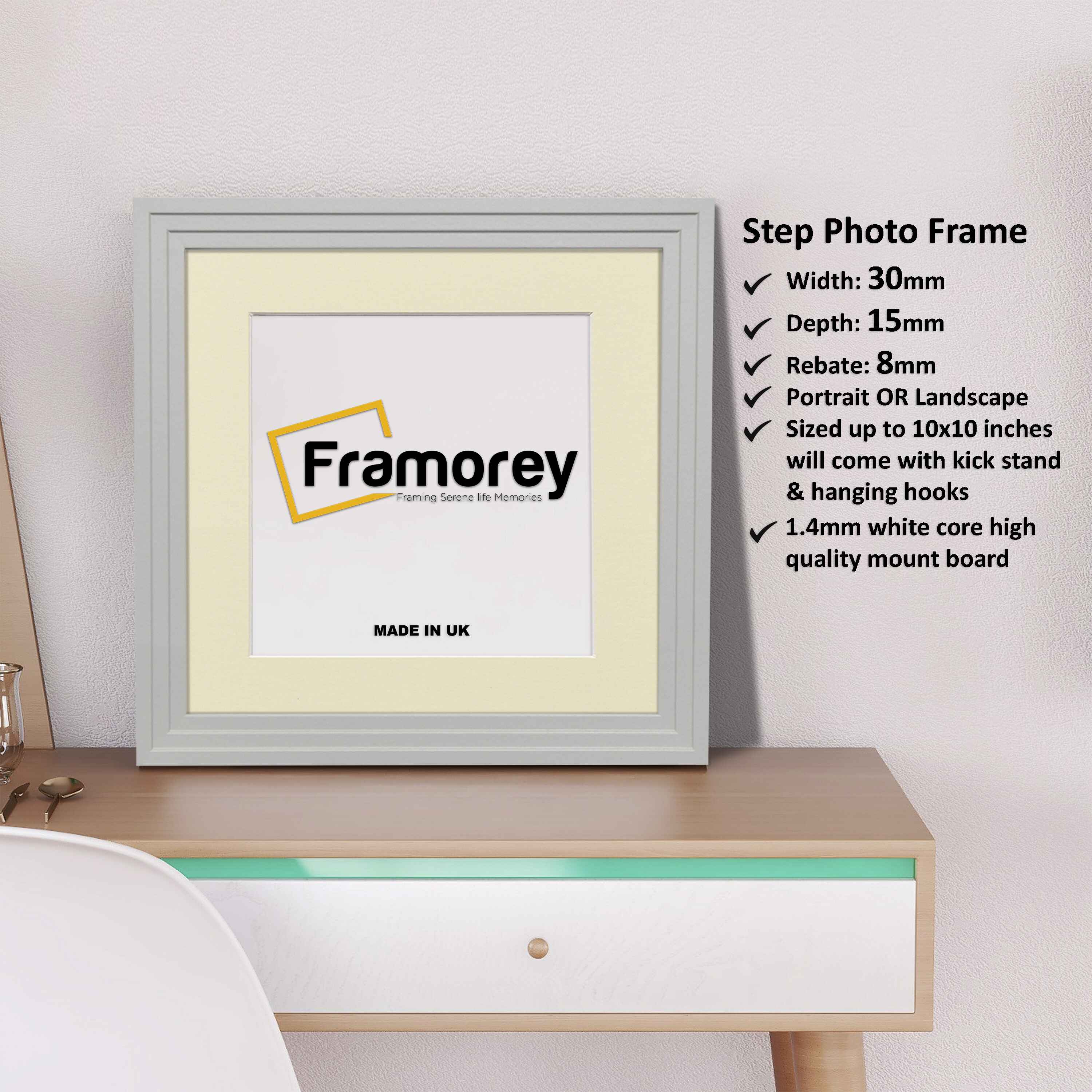 Step Style Square Size Grey Picture Frame With Ivory Mount