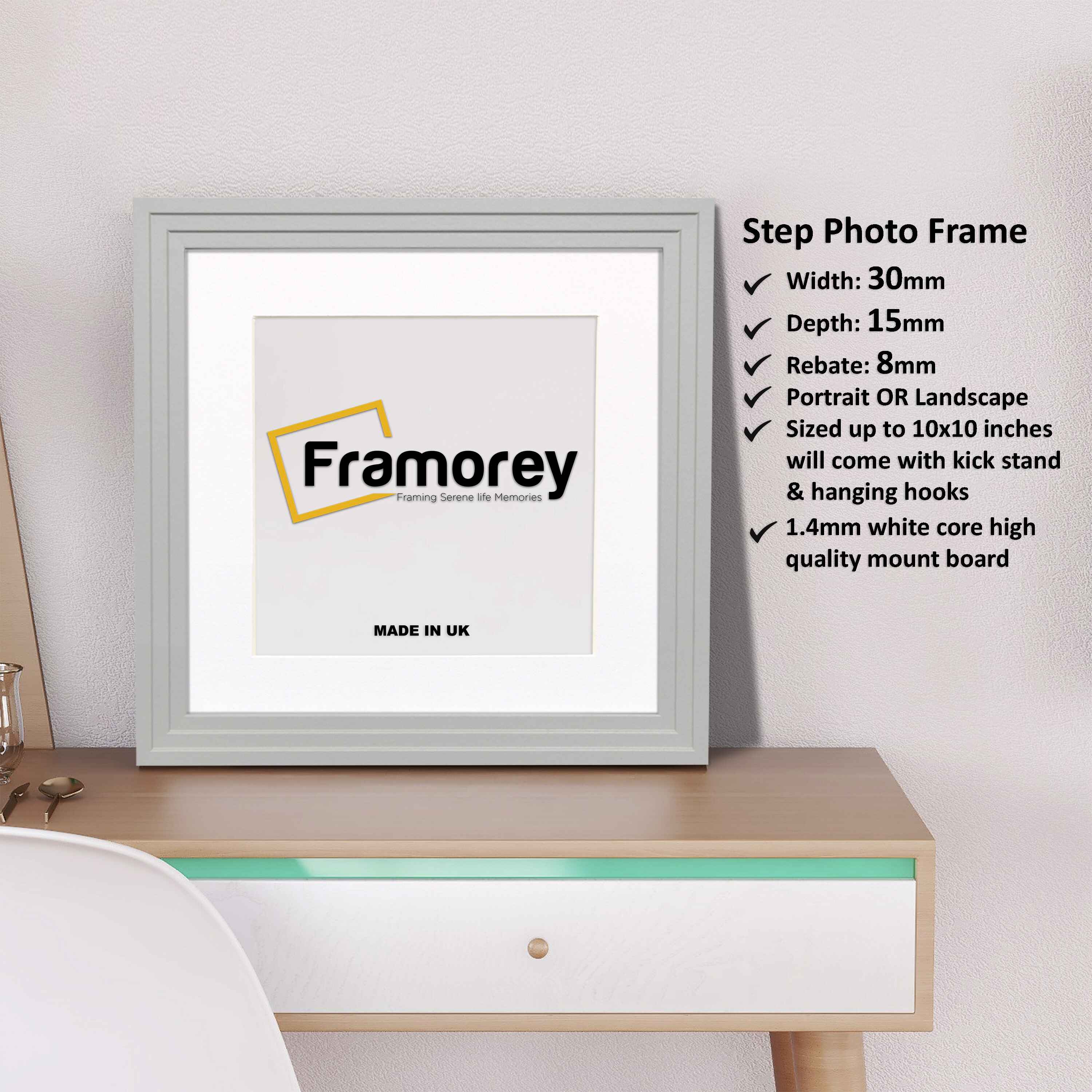 Step Style Square Size Grey Picture Frame With White Mount