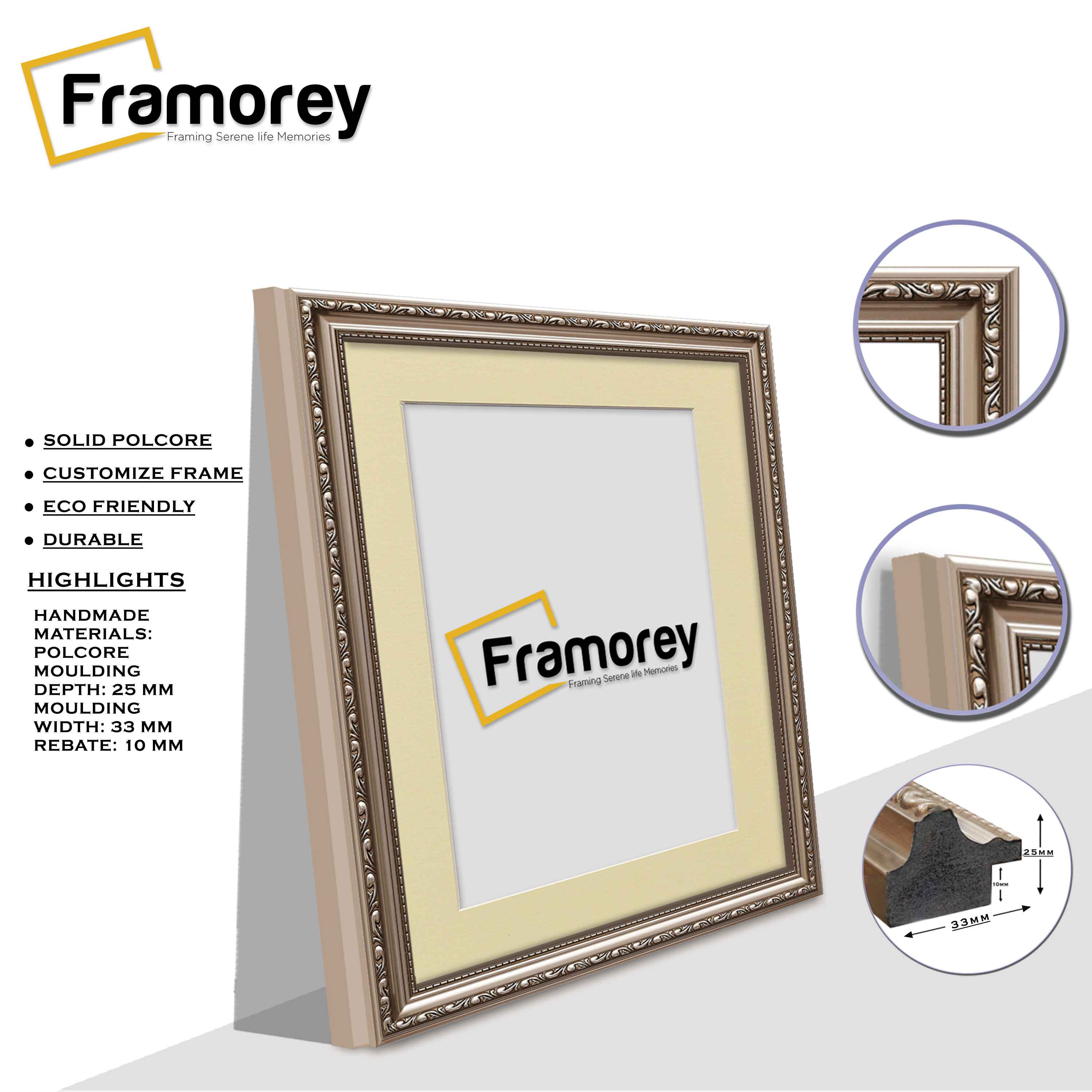 Square Size Gun Metal Shabby Picture Frame With Ivory Mount