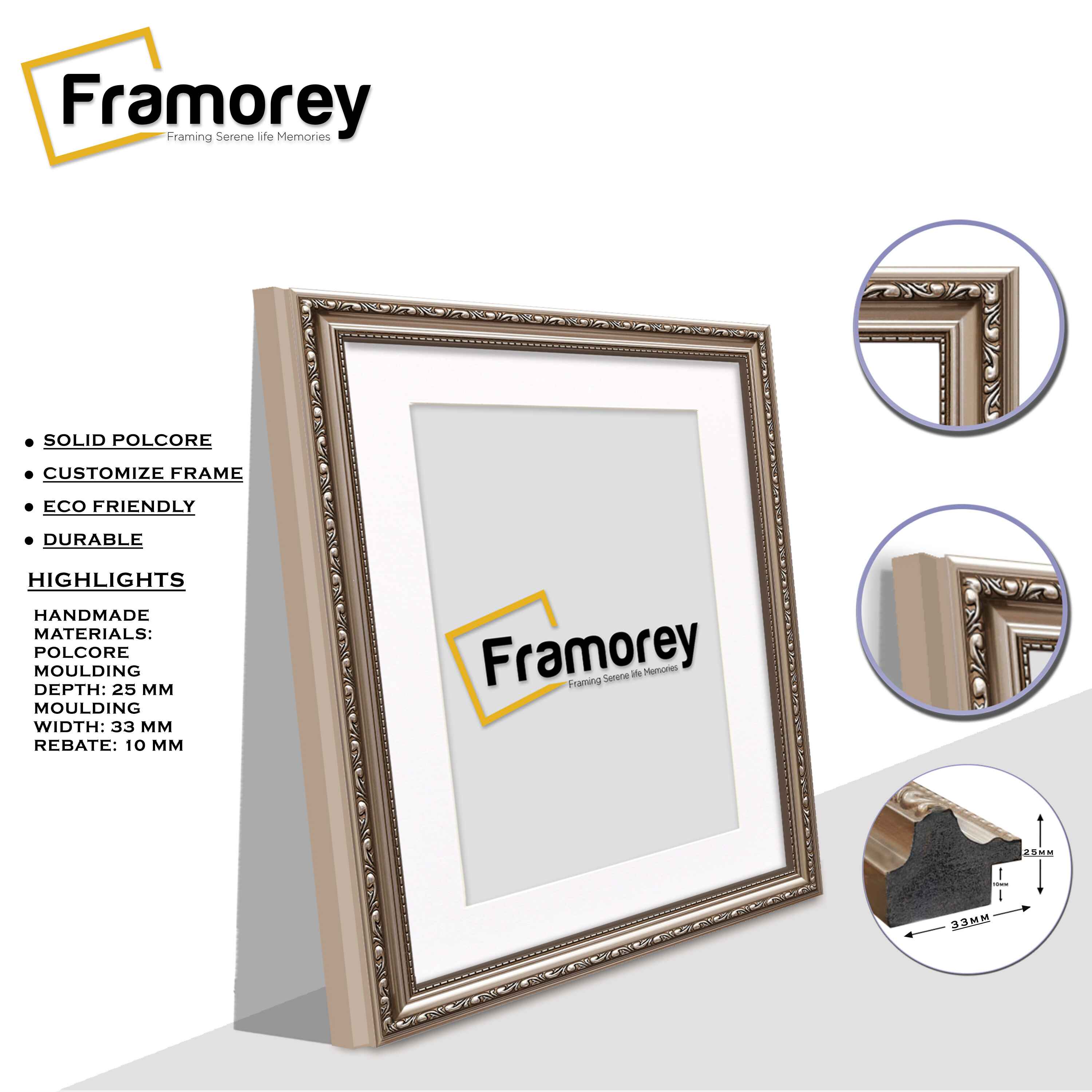 Square Size Gun Metal Shabby Picture Frame With White Mount