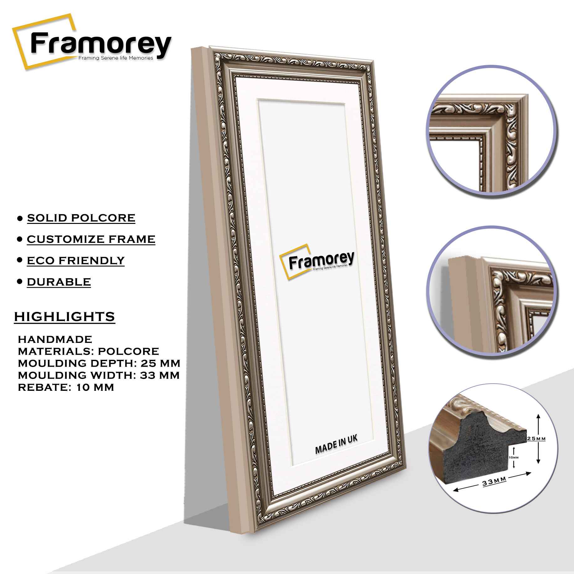 Panoramic Size Gun Metal Picture Frame Shabby Wall Frames With White Mount