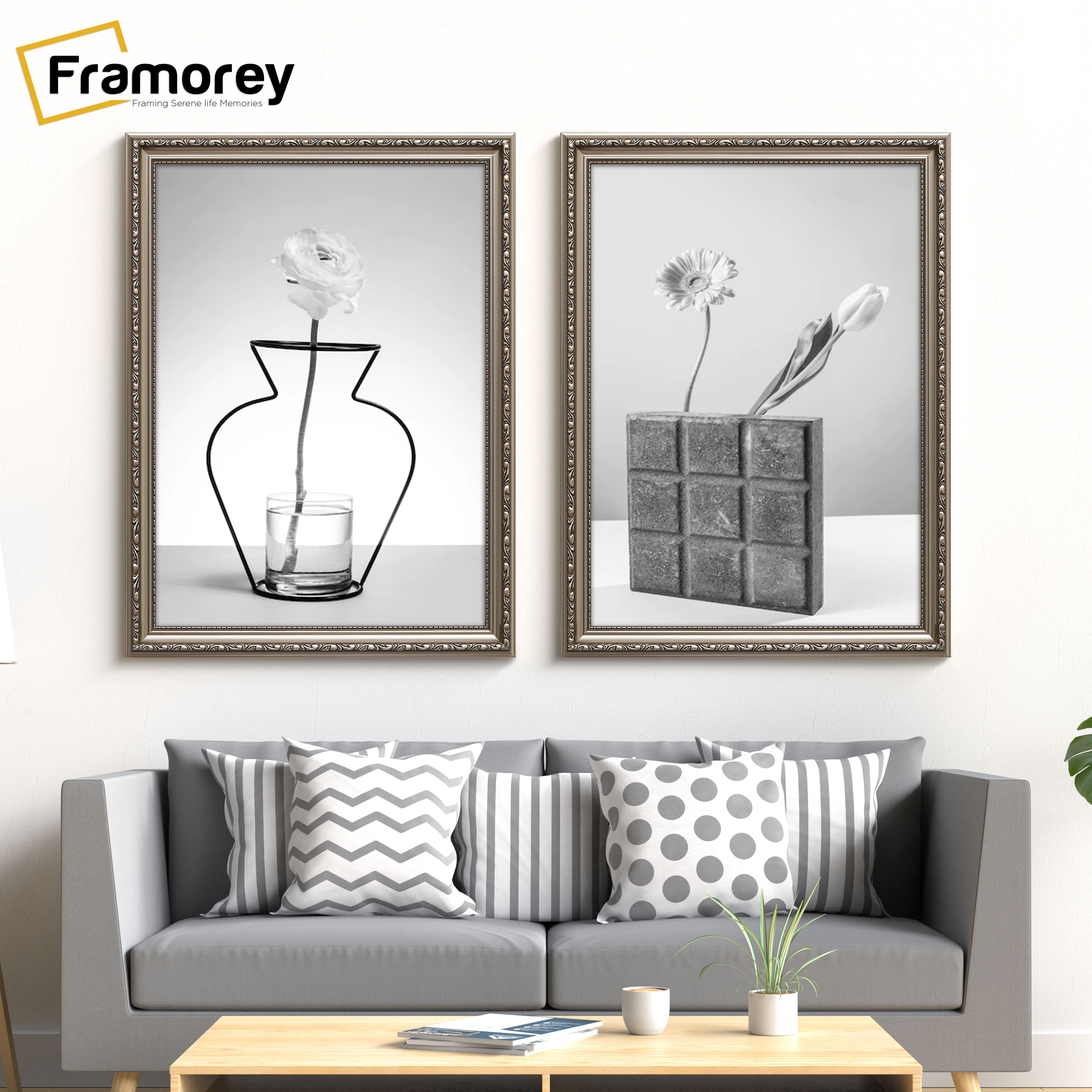 Two Gun Metal Shabby Chic Poster Frames Hanging on a Wall Over a Couch