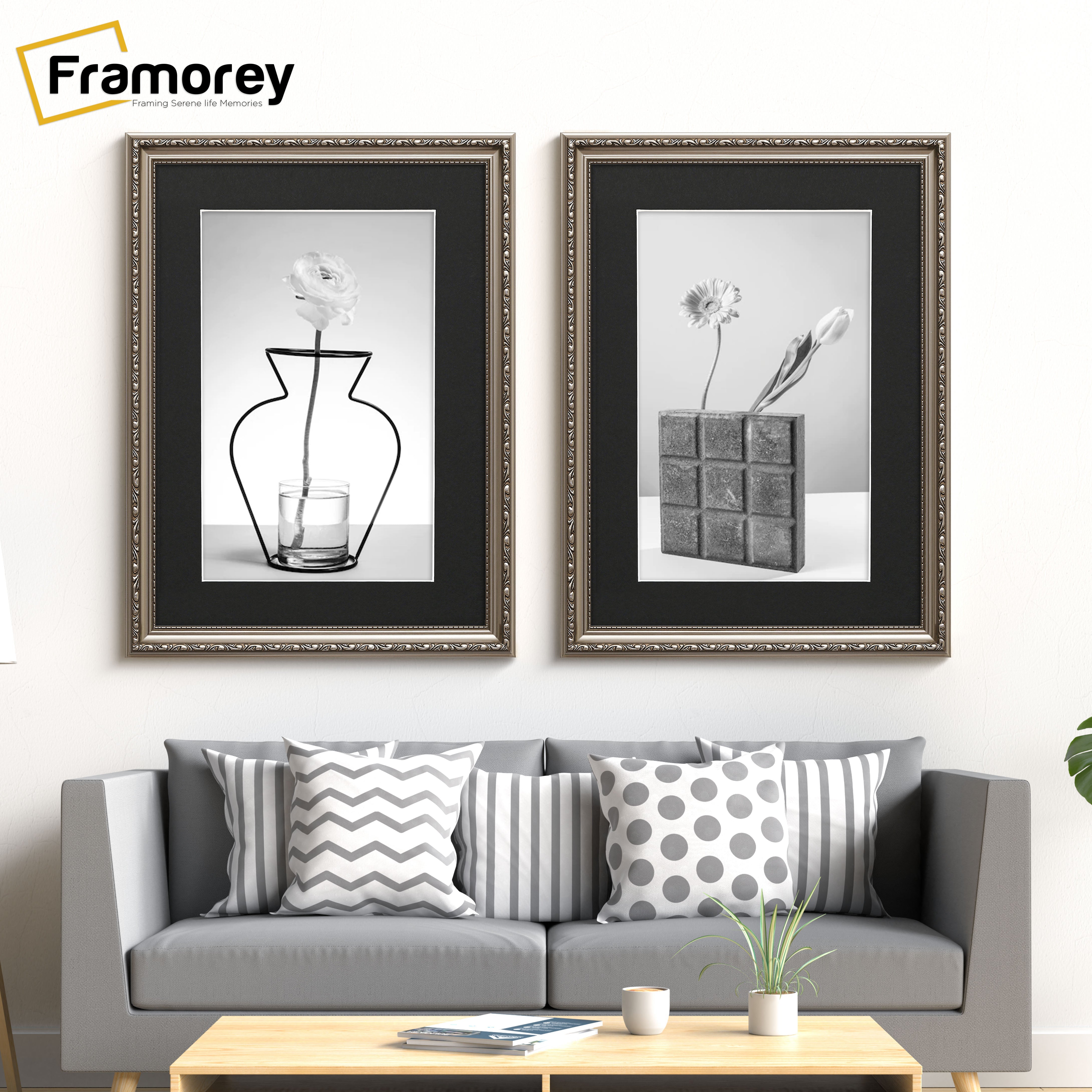 Gun Metal Shabby Ornate Picture Frame Wall Art With Black Mount