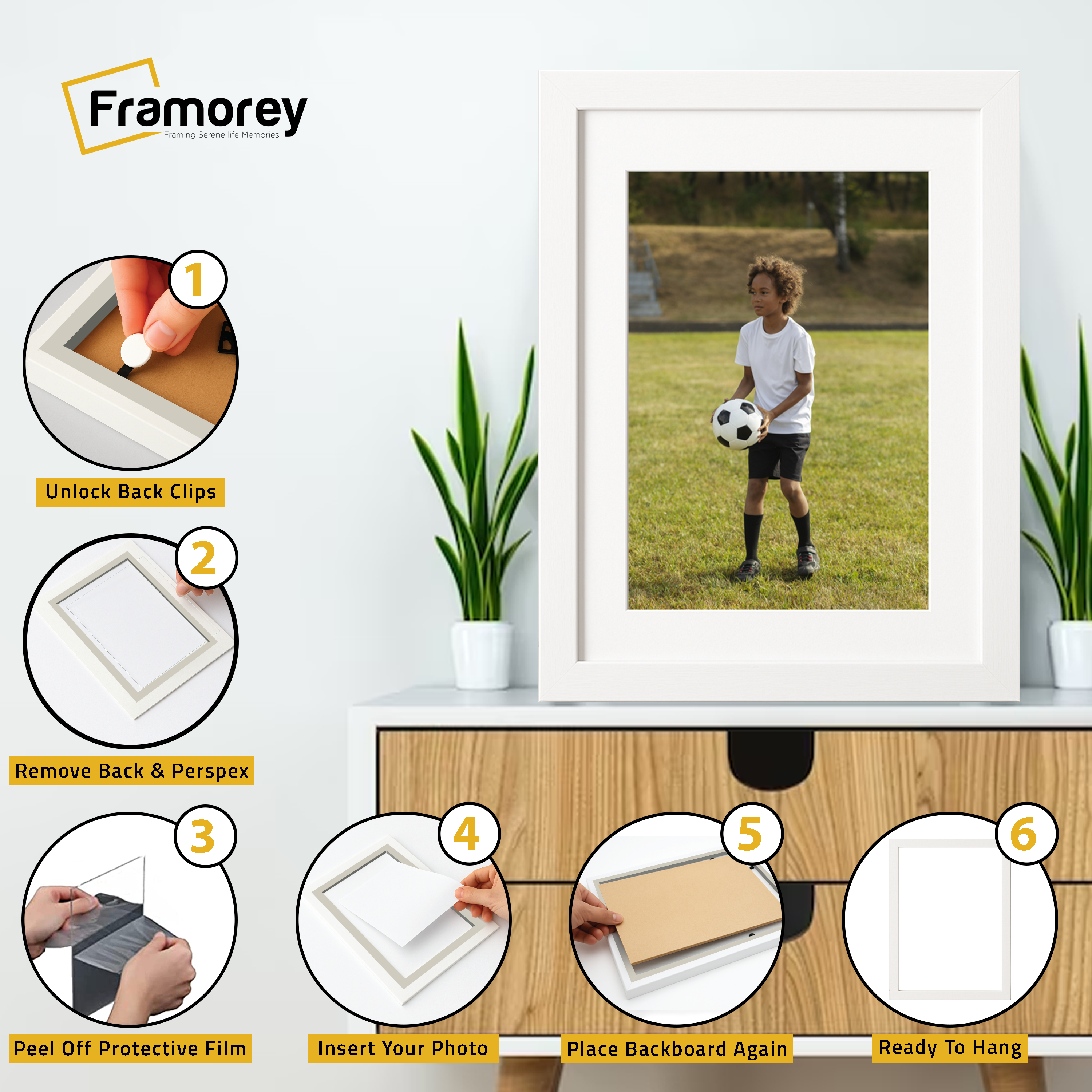 Step-by-step guide showing how to insert a photo into a picture frame