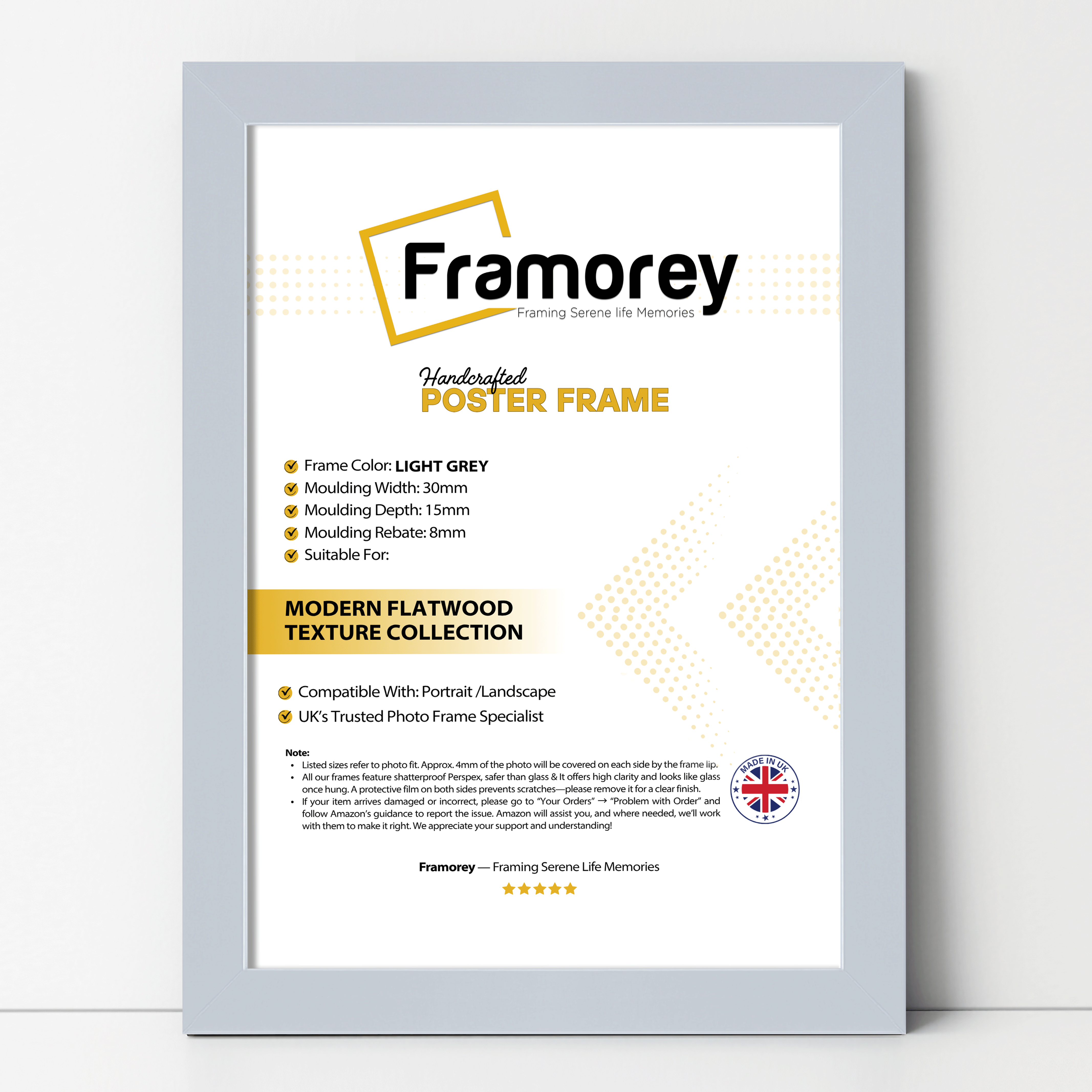 Light grey picture frame with no mount with some details.