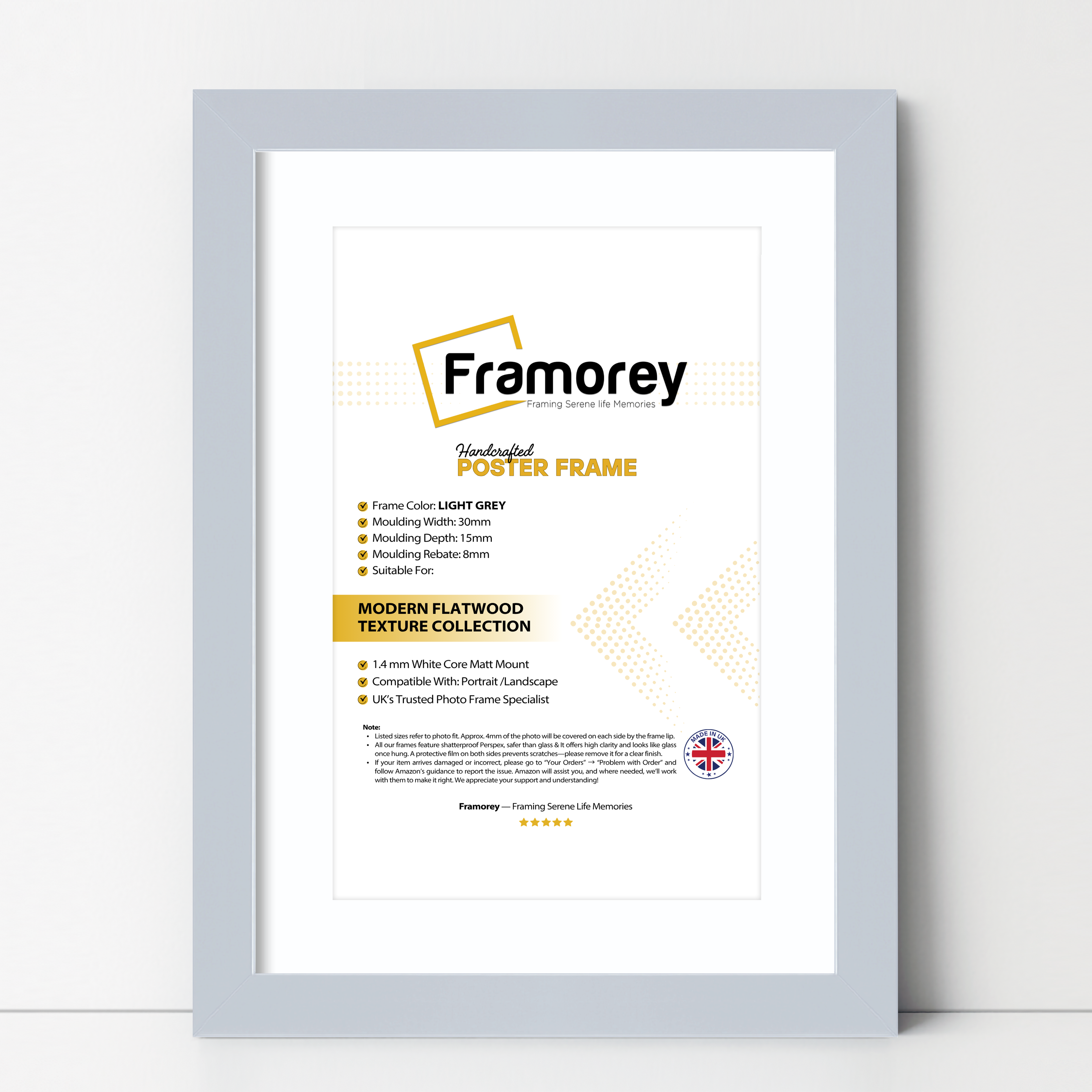 Light Grey Picture Frame With White Mount with some detail on its measurement place on its right.