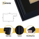 Black picture frame with black mount, close view profile showing moulding depth and edge detail for wall art or photo display