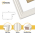 White picture frame with white mount, close view profile showing moulding depth and edge detail for wall art or photo display