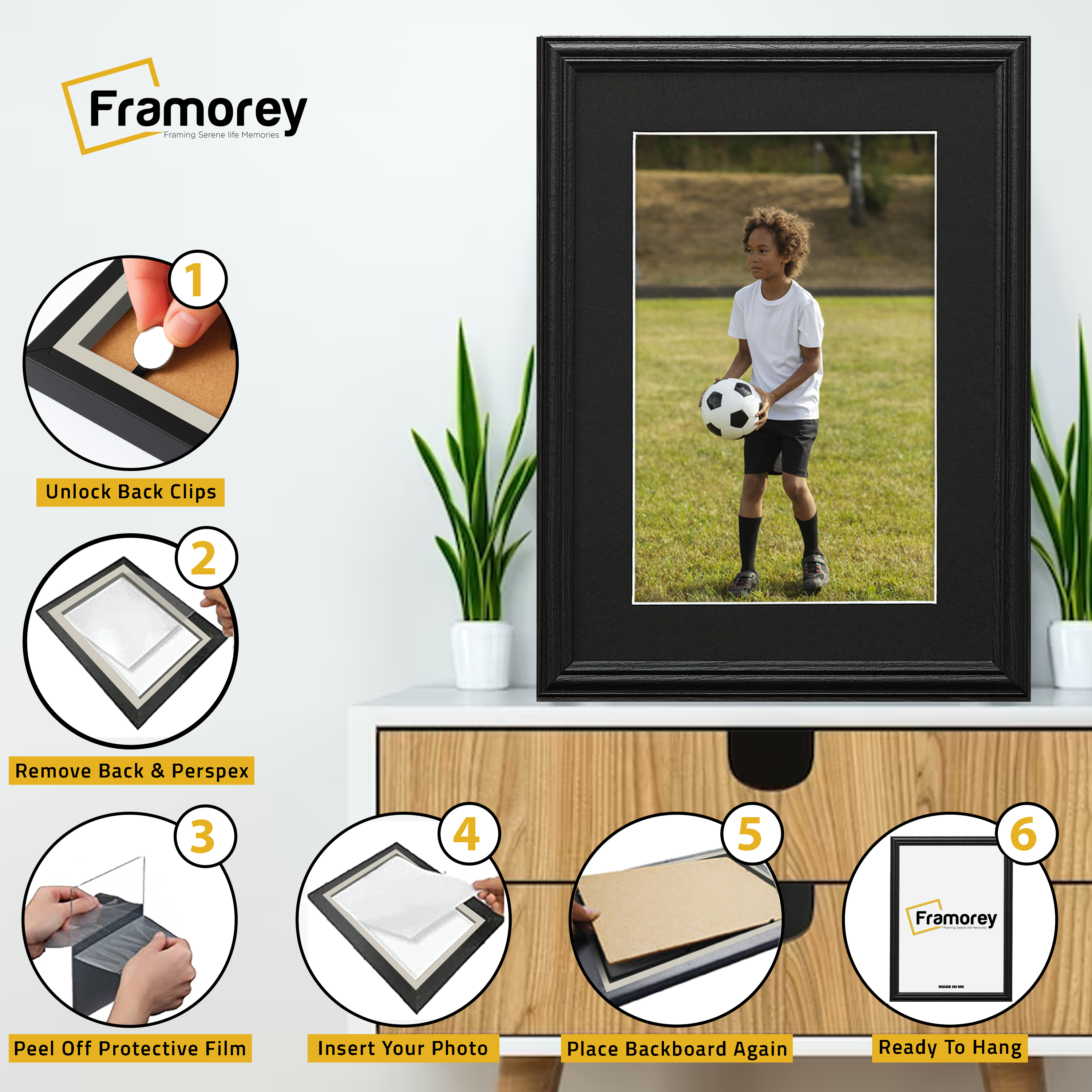 Step-by-step guide showing how to install a picture into an antique style frame with black mount