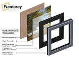 Layers of a poster frame with black mount and some details like names etc.