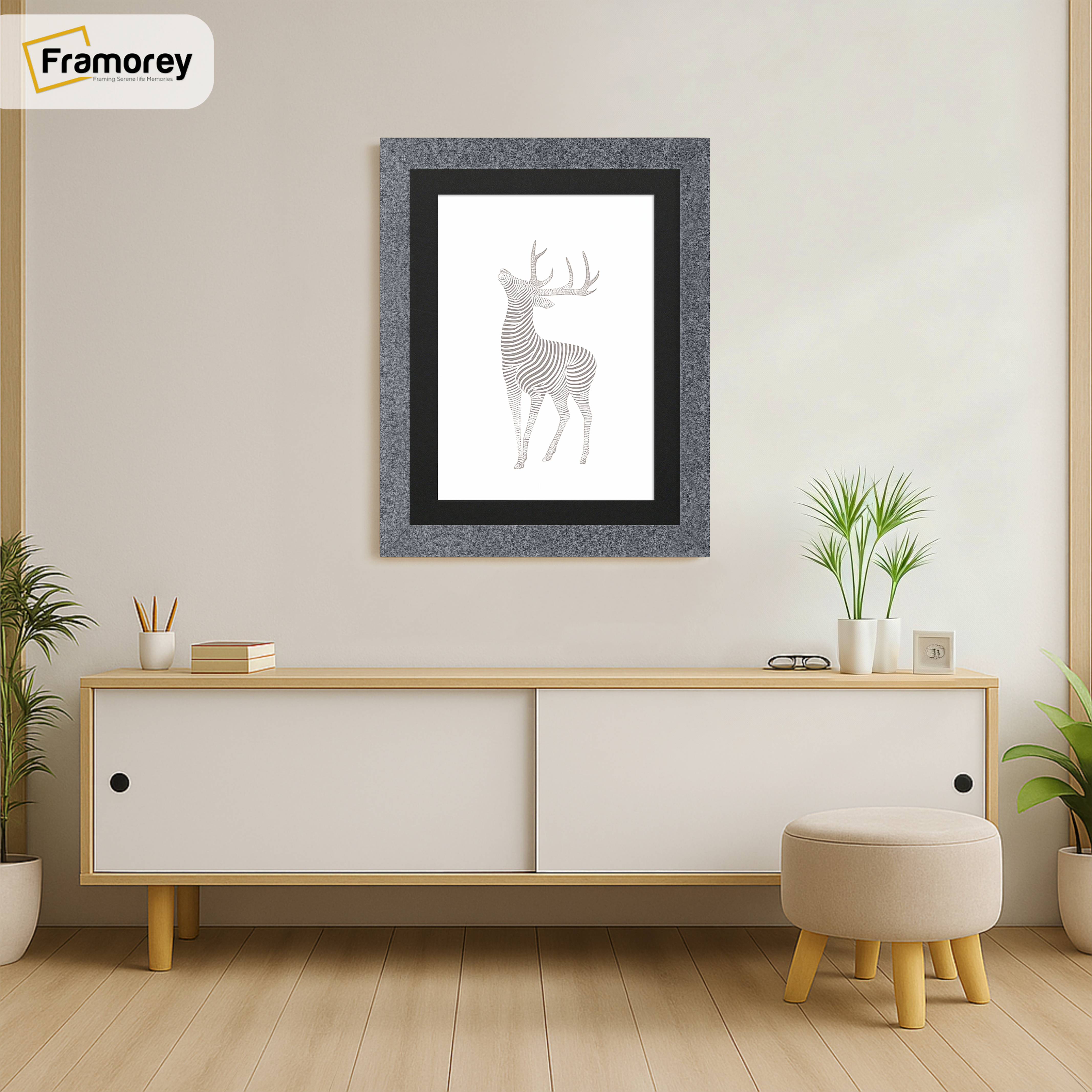 Dark Grey Picture Frame With Black Mount hanging on a wall just over the Table