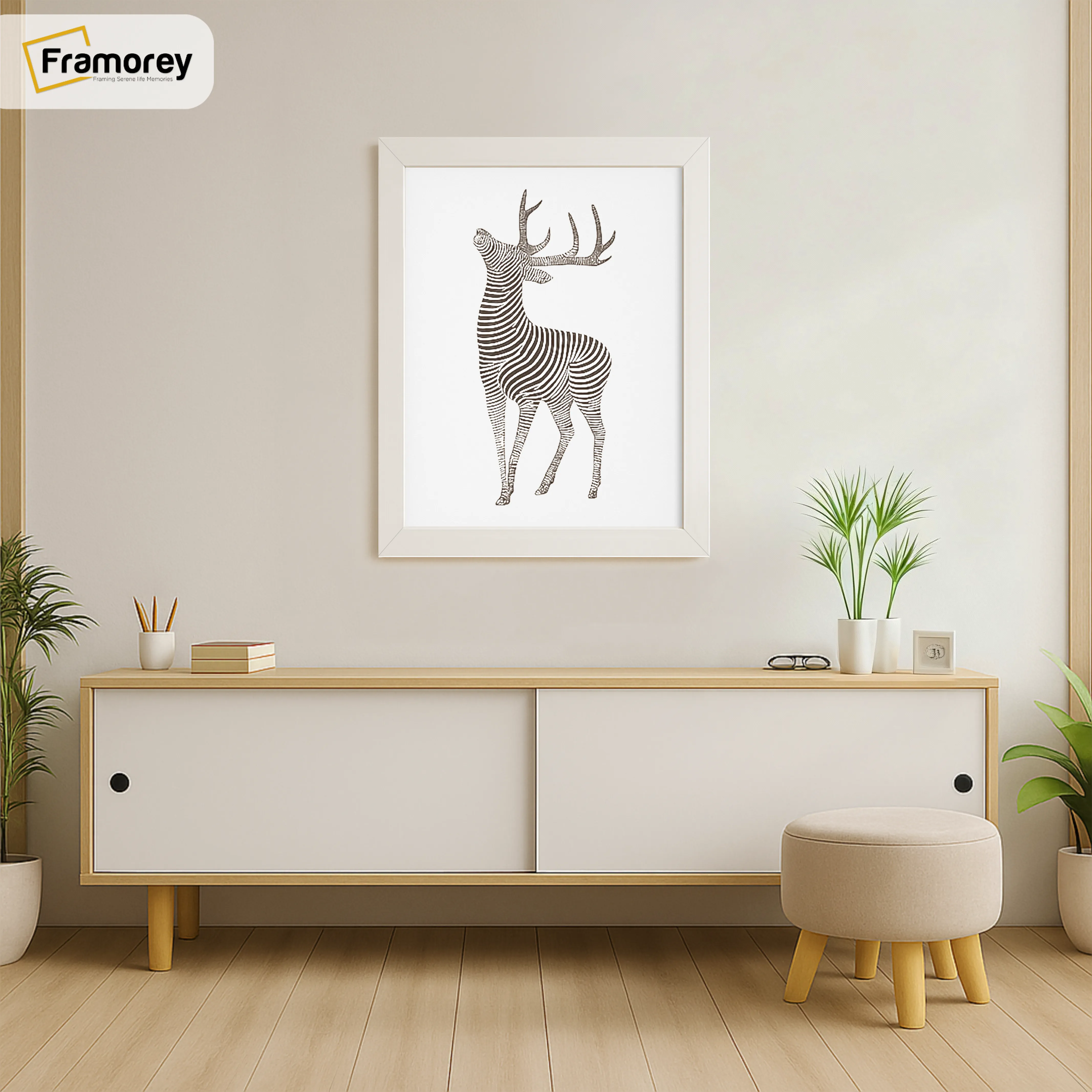 White Picture Frames hanging on a wall just over the Table