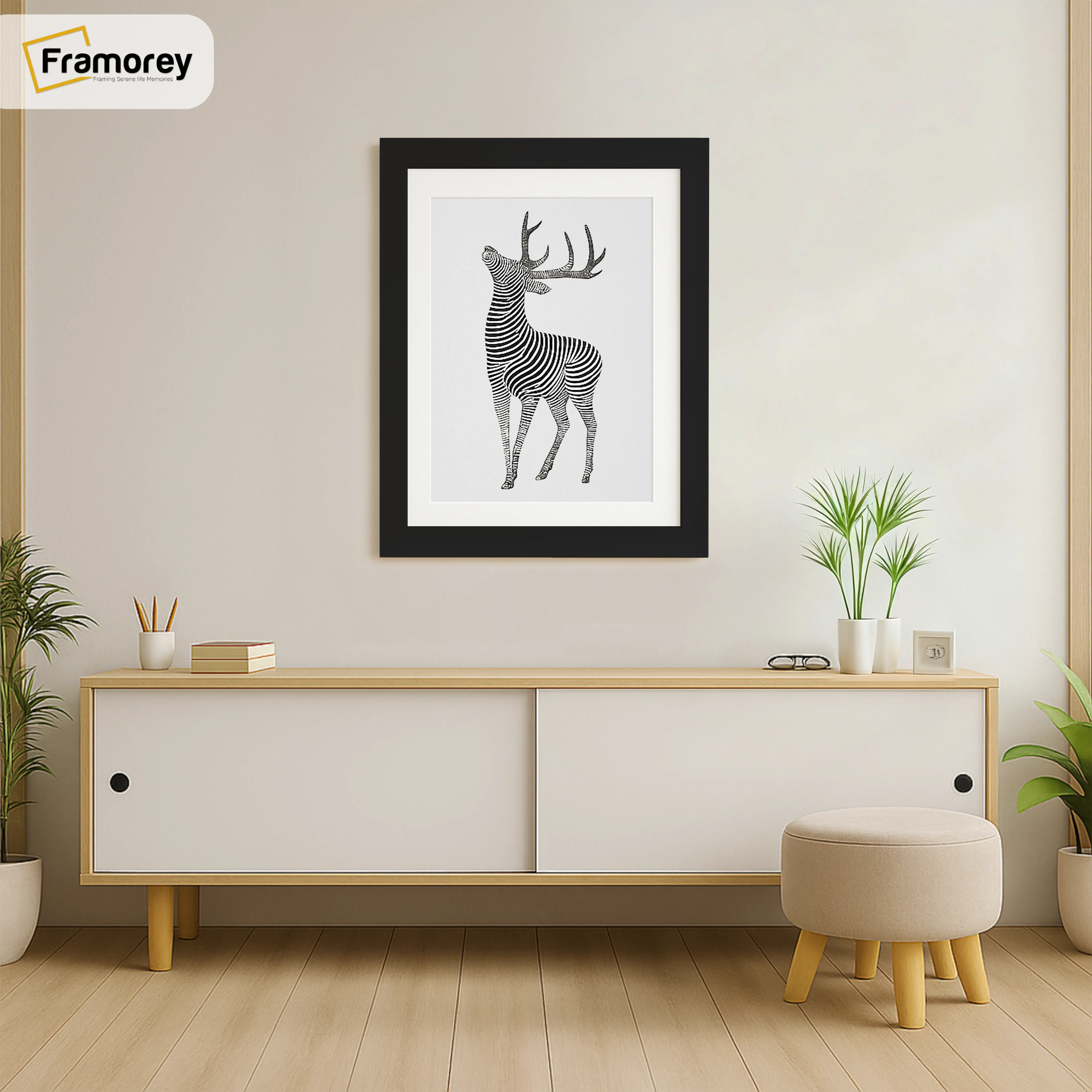 Black Picture Frames With White Mount hanging on a wall just over the Table