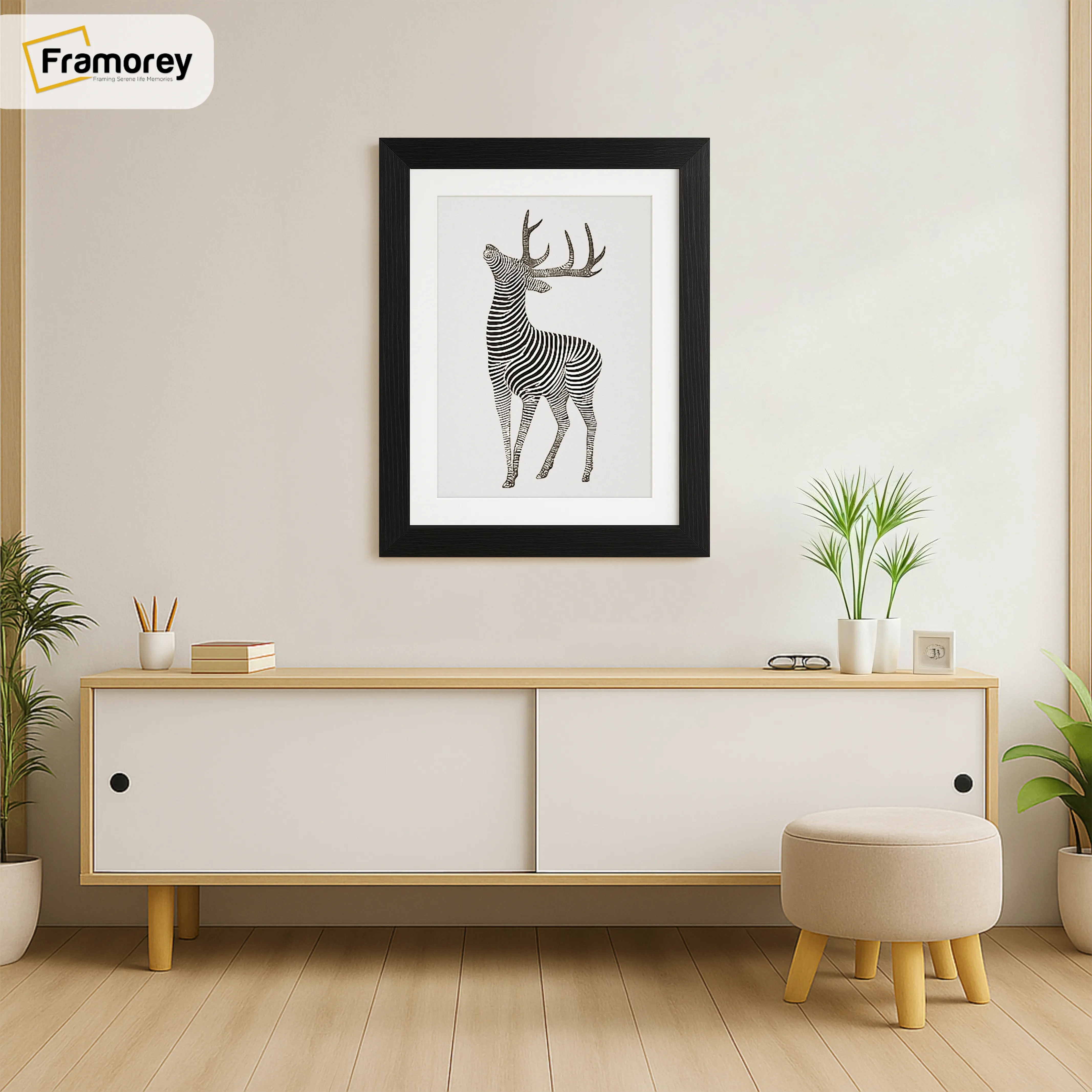 Ash Black Picture Frames With White Mount hanging on a wall just over the Table