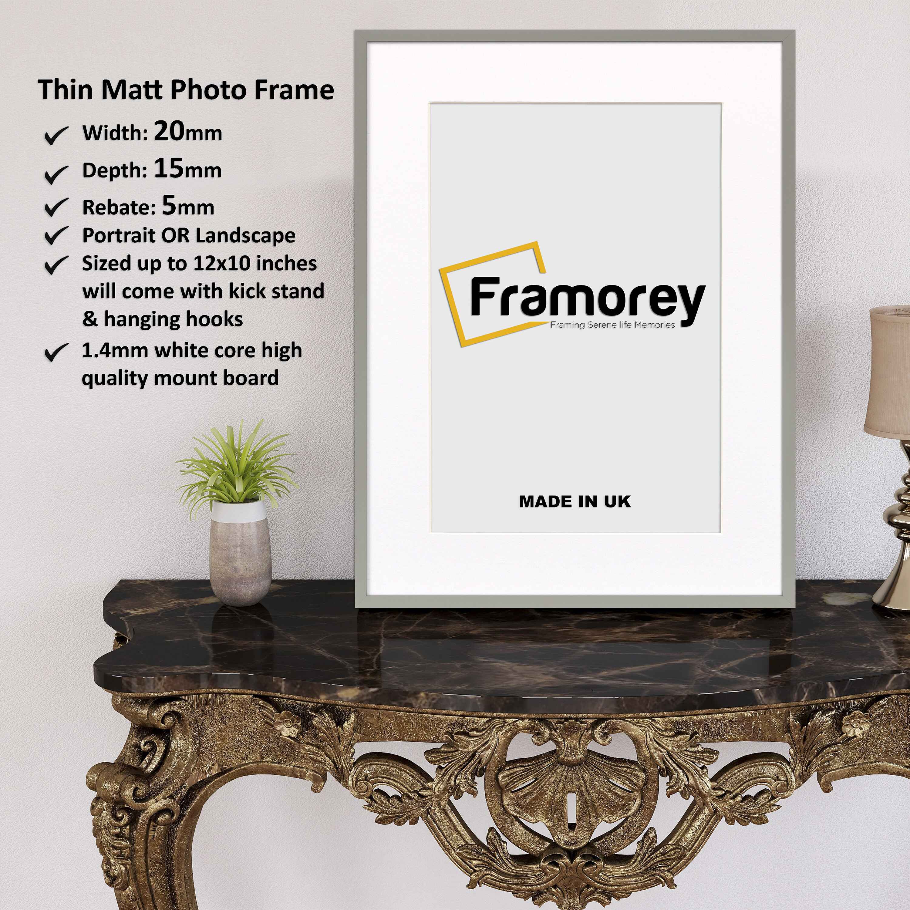 Thin Matt Light Grey Picture Frames with White Mount