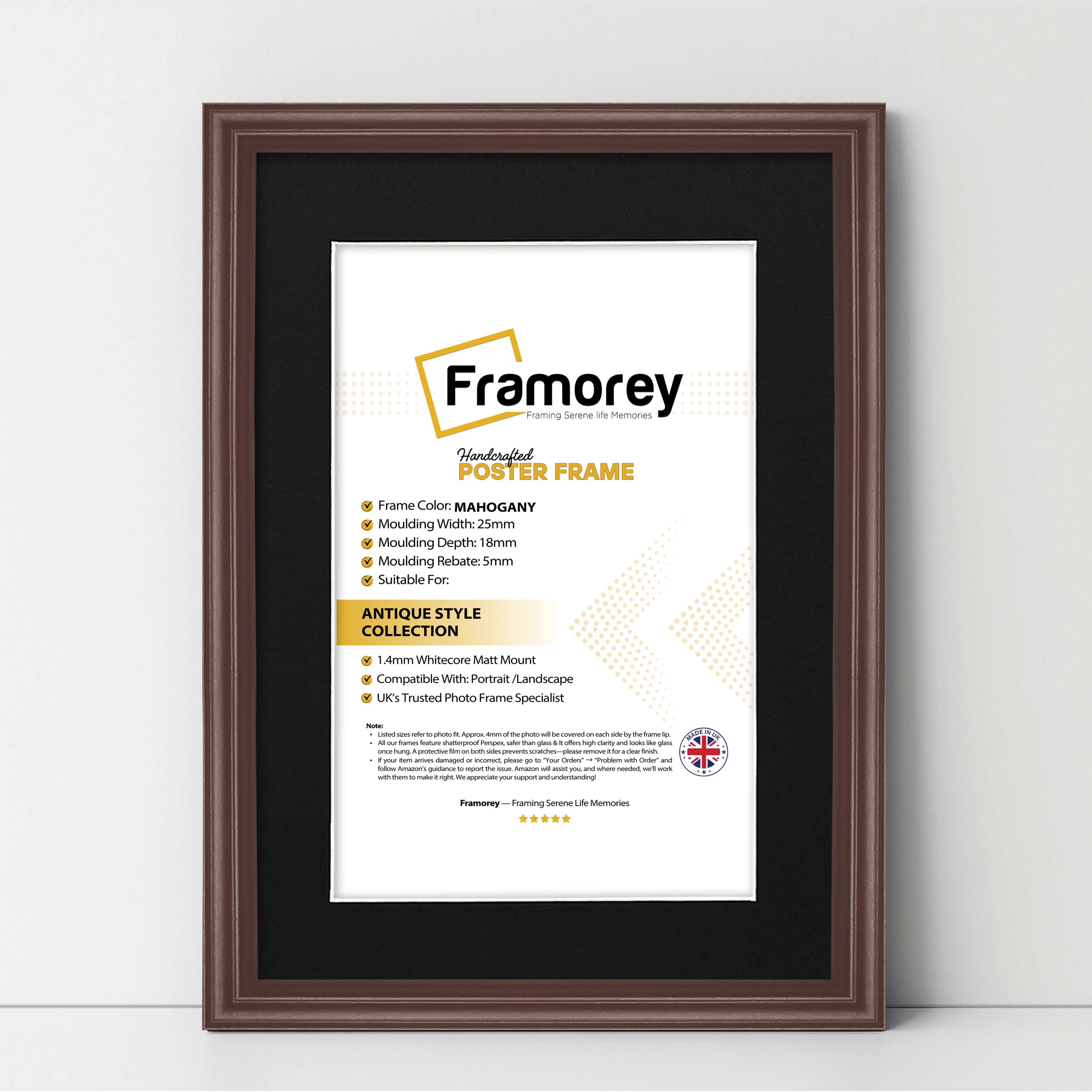 Mahogany antique-style poster frame with black mount, Framorey handmade picture frame for wall display