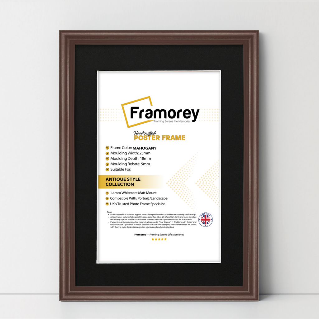 Mahogany antique-style poster frame with black mount, Framorey handmade picture frame for wall display