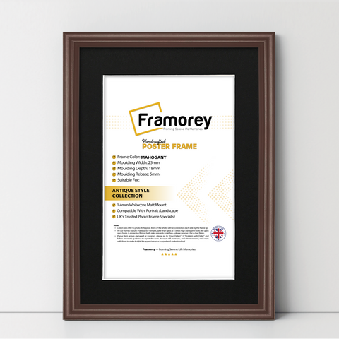 Mahogany antique-style poster frame with black mount, Framorey handmade picture frame for wall display