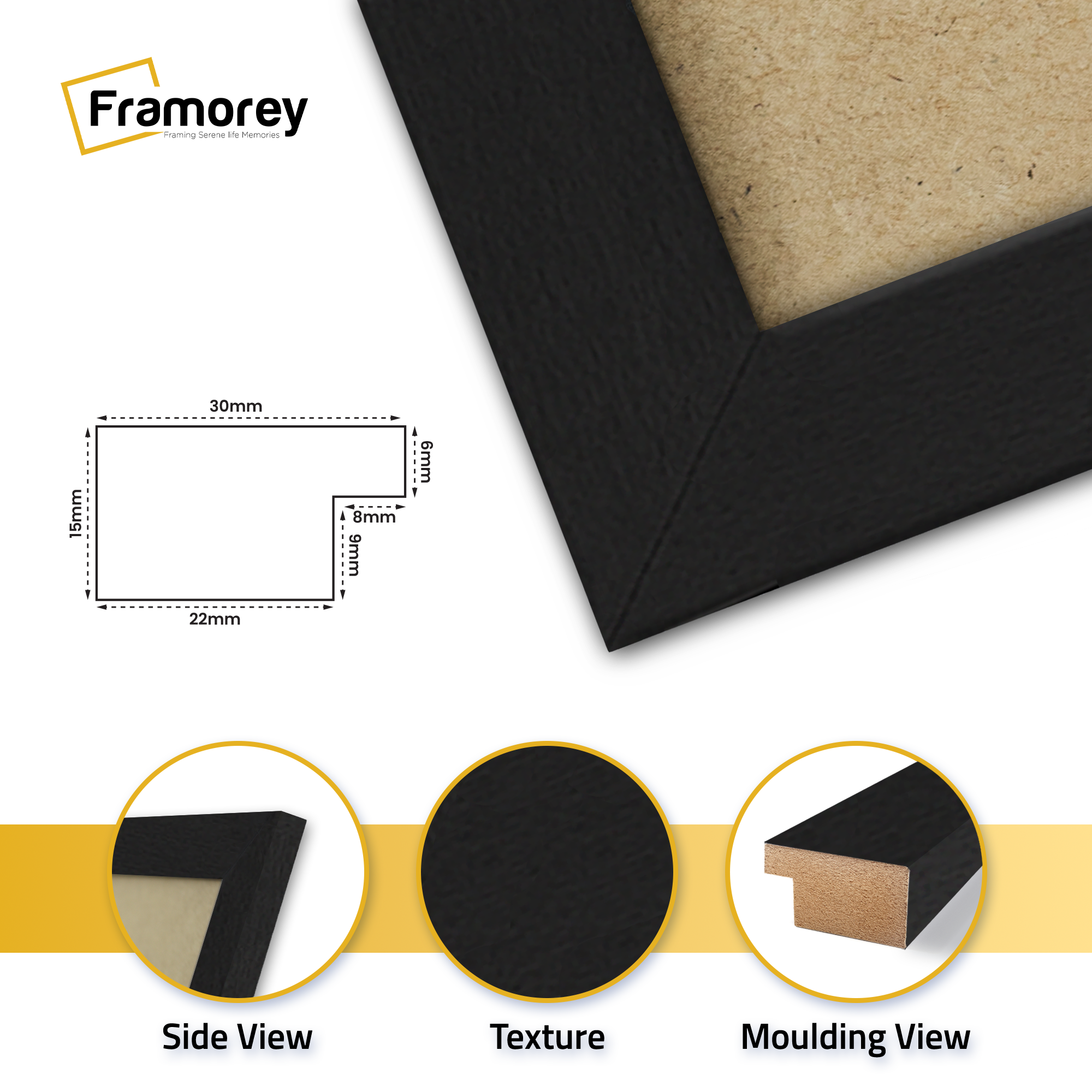 Matt black picture frame with no mount showing from a side view with describing corners.