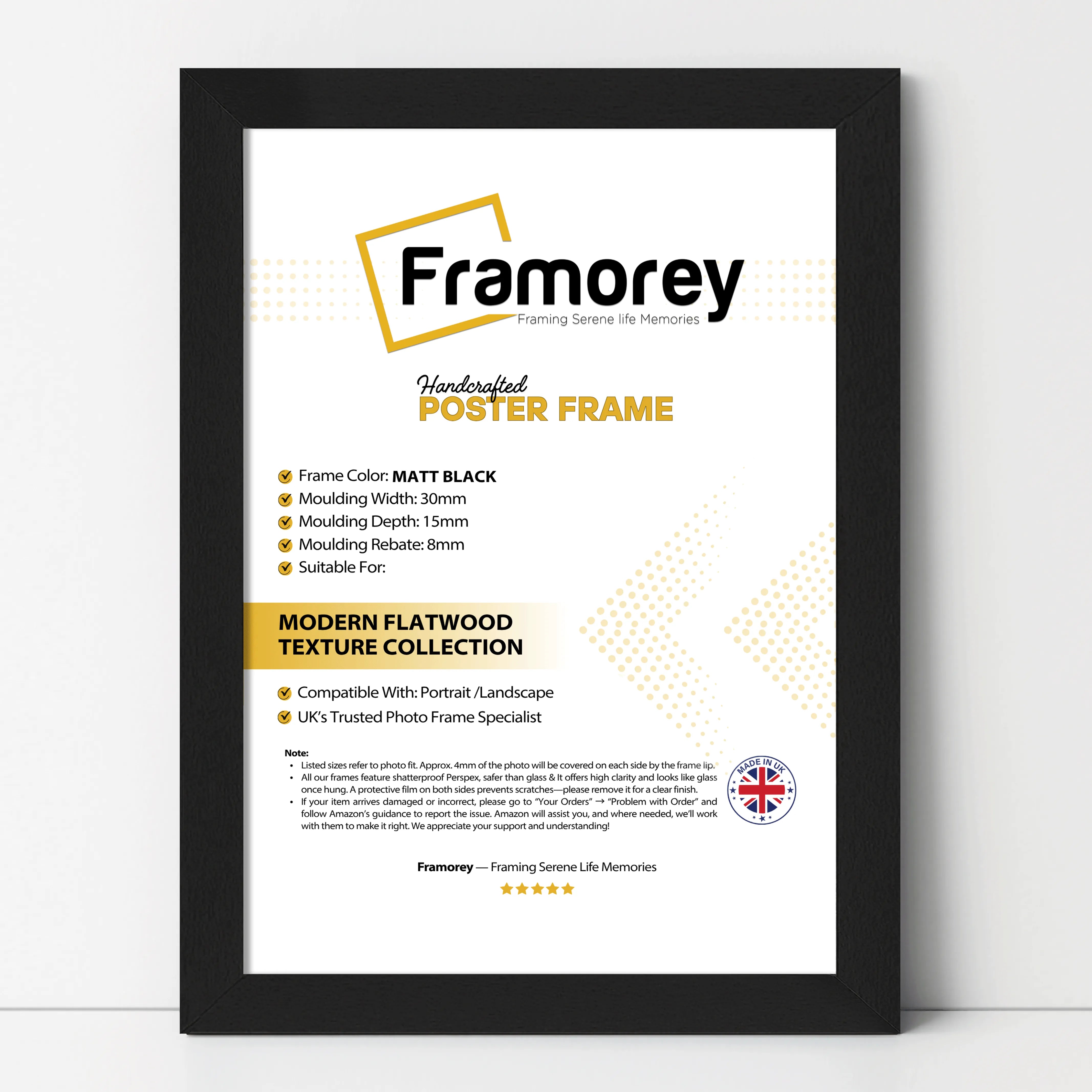 Matt Black picture frame shown from front view on a plain white surface standing with a wall