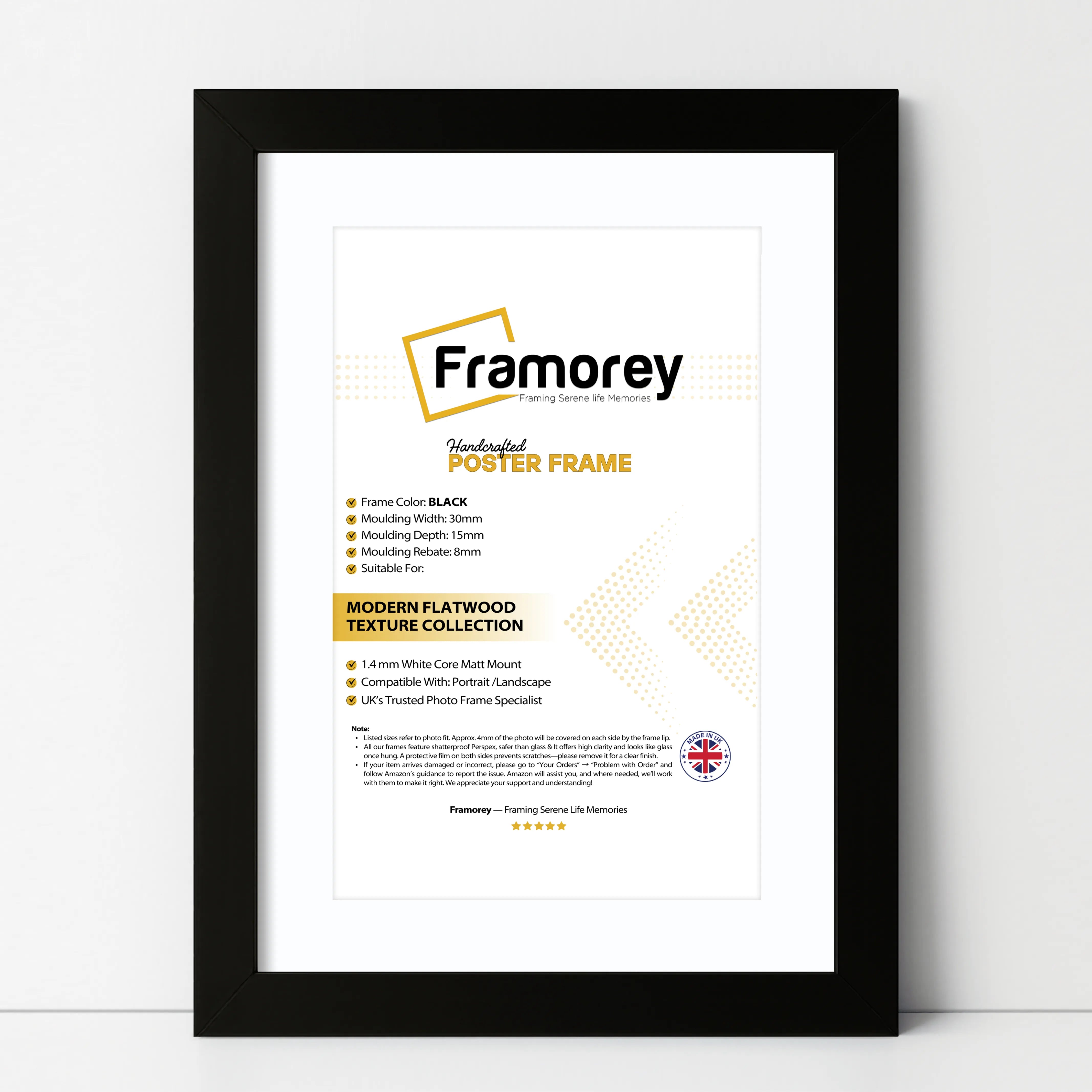 Matt Black picture frame with White Mount shown from front view on a plain white surface standing with a wall