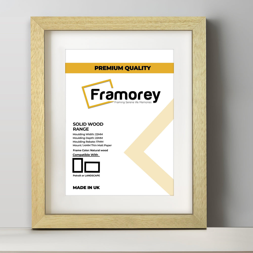 Natural Wood picture frame White Mount shown from front view on a plain white surface standing with a wall
